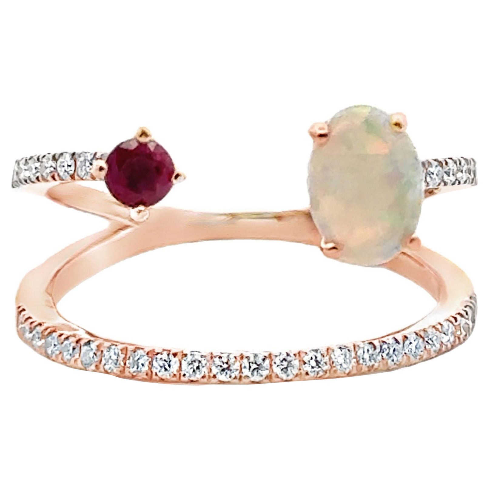 Asymmetric Open Bypass Ruby & Opal Ring in 14K Rose Gold with Diamonds For Sale