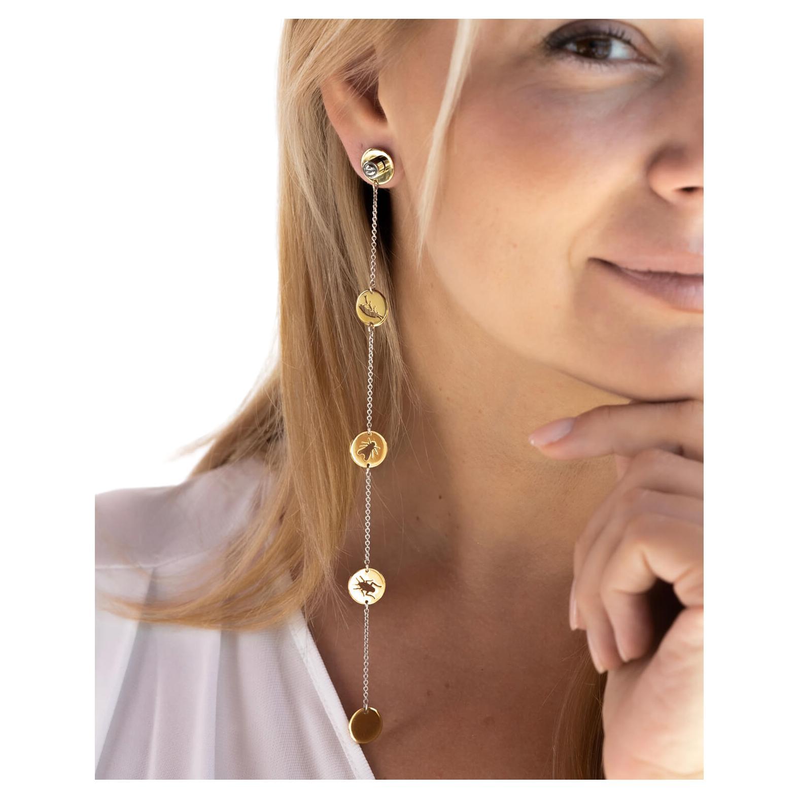 Contemporary Asymmetric Pair of Gold Chain Earring, 18k & Steel Stud Earring For Sale