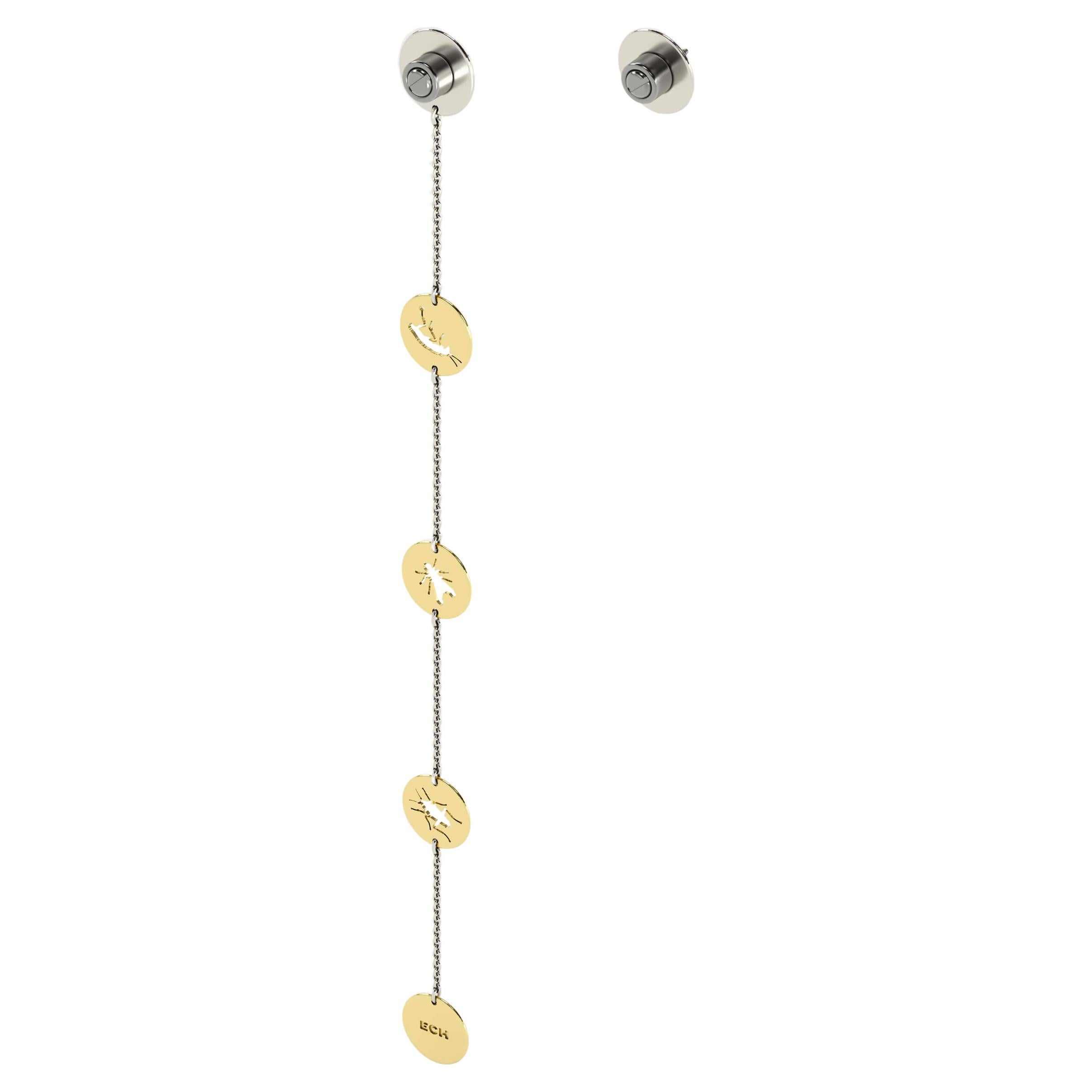 Asymmetric Pair of Gold Chain Earring, 18k & Steel Stud Earring