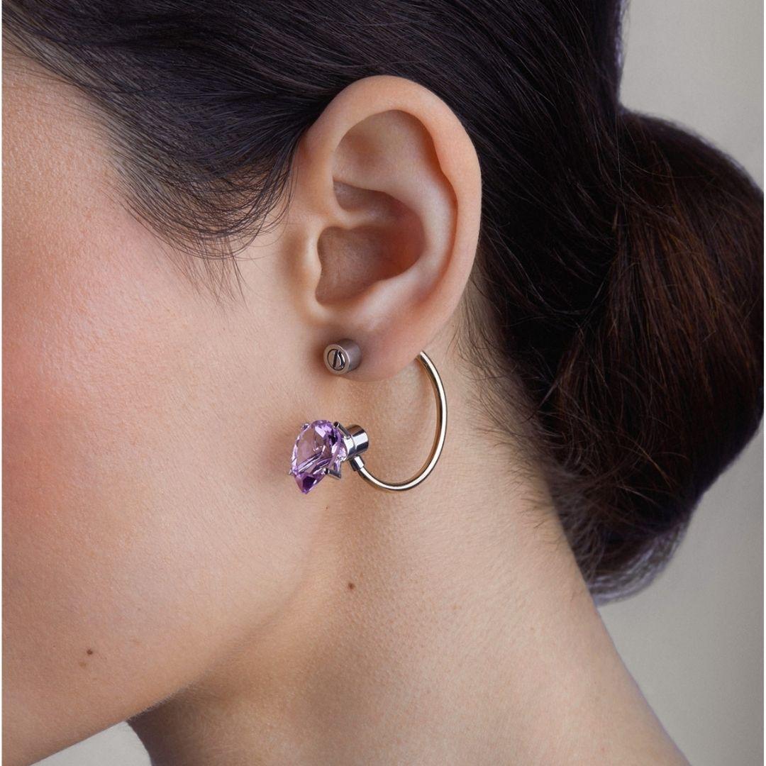 Contemporary Asymmetric ring of Golden Hoop Pink Amethyst 18K and Steel stud For Sale