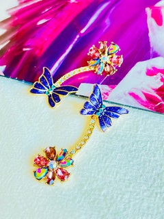 Asymmetric Purple Butterfly Flower Shining Swarovski Crystals Pierced Earrings