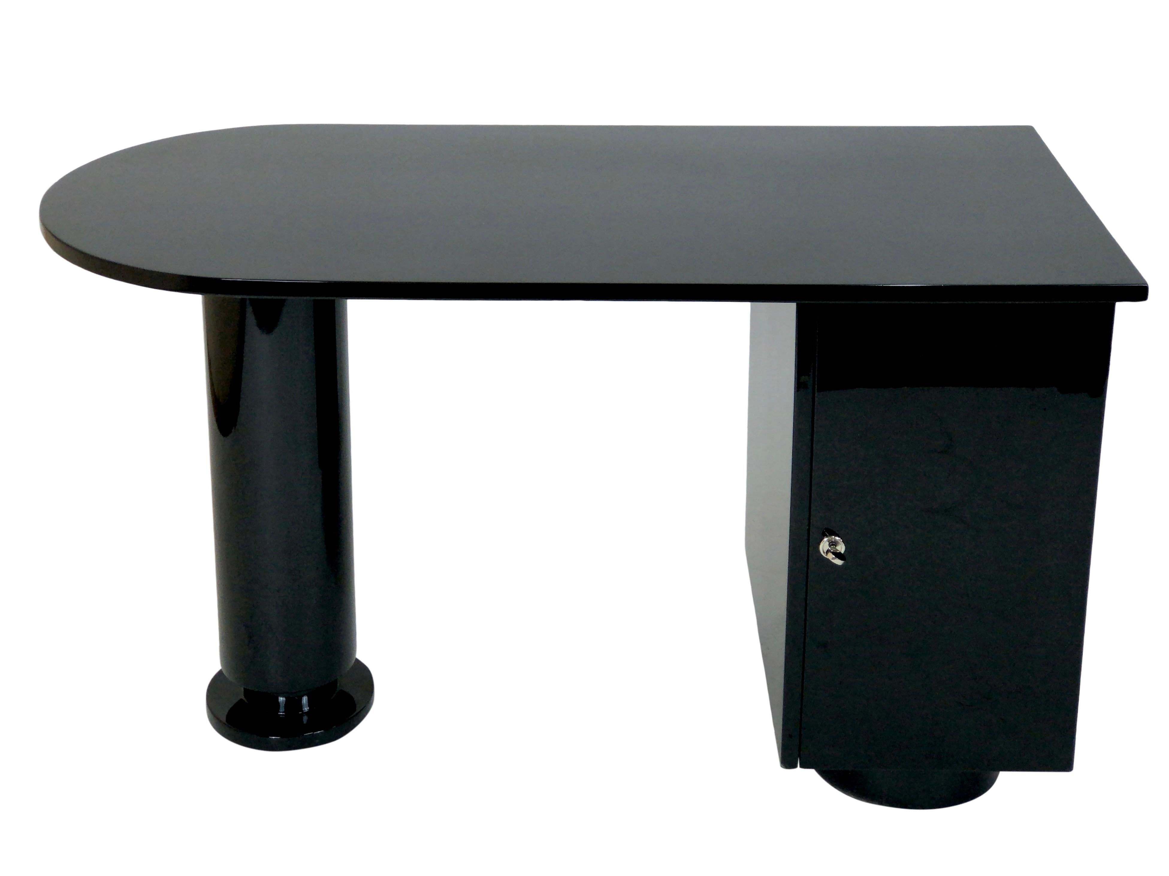 Blackened Asymmetric Rounded 1930s French Art Deco Office Desk Black Lacquer with Column