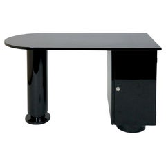 Asymmetric Rounded 1930s French Art Deco Office Desk Black Lacquer with Column