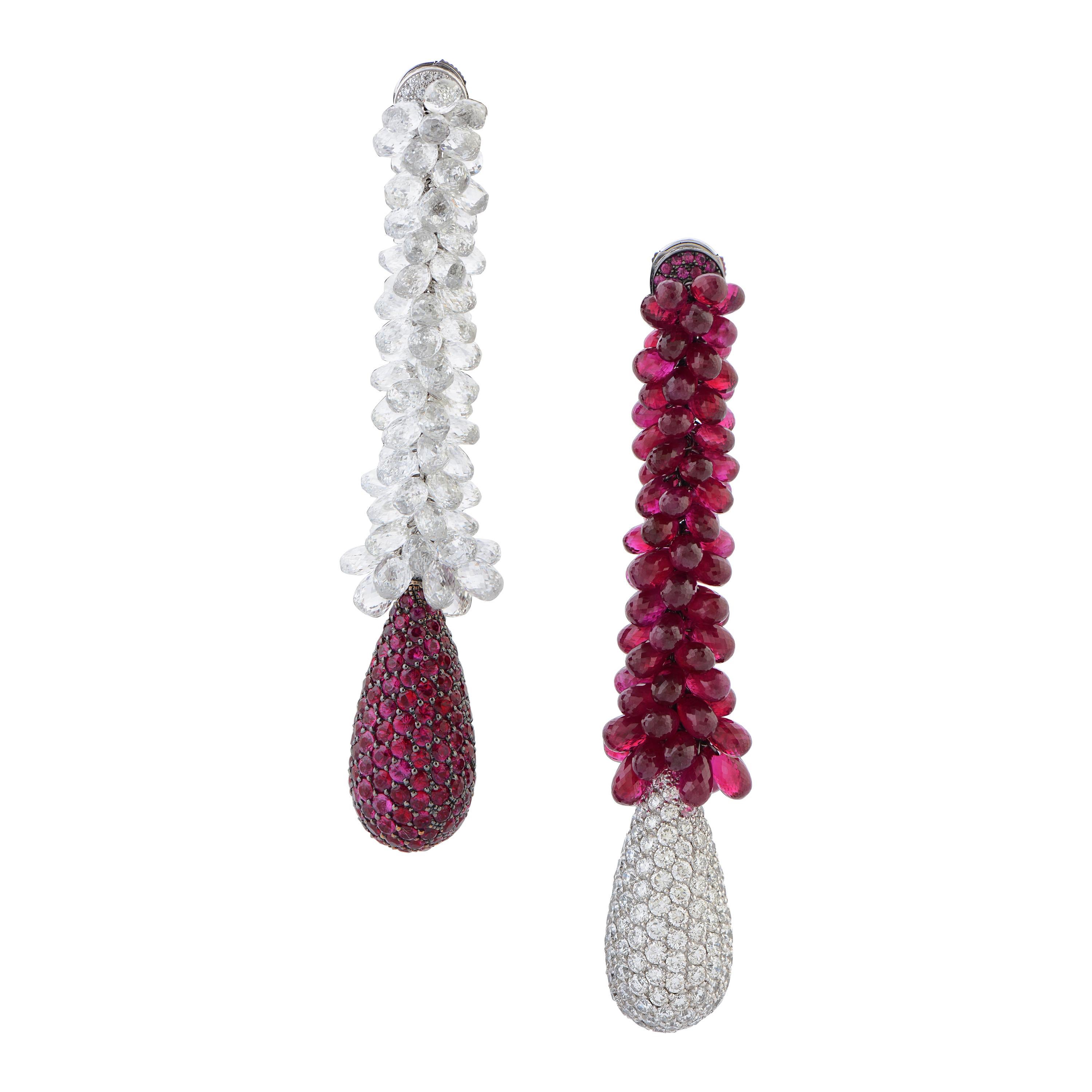 Asymmetrical Ruby and Diamond High Jewelry Pendant Earrings by de Grisogono