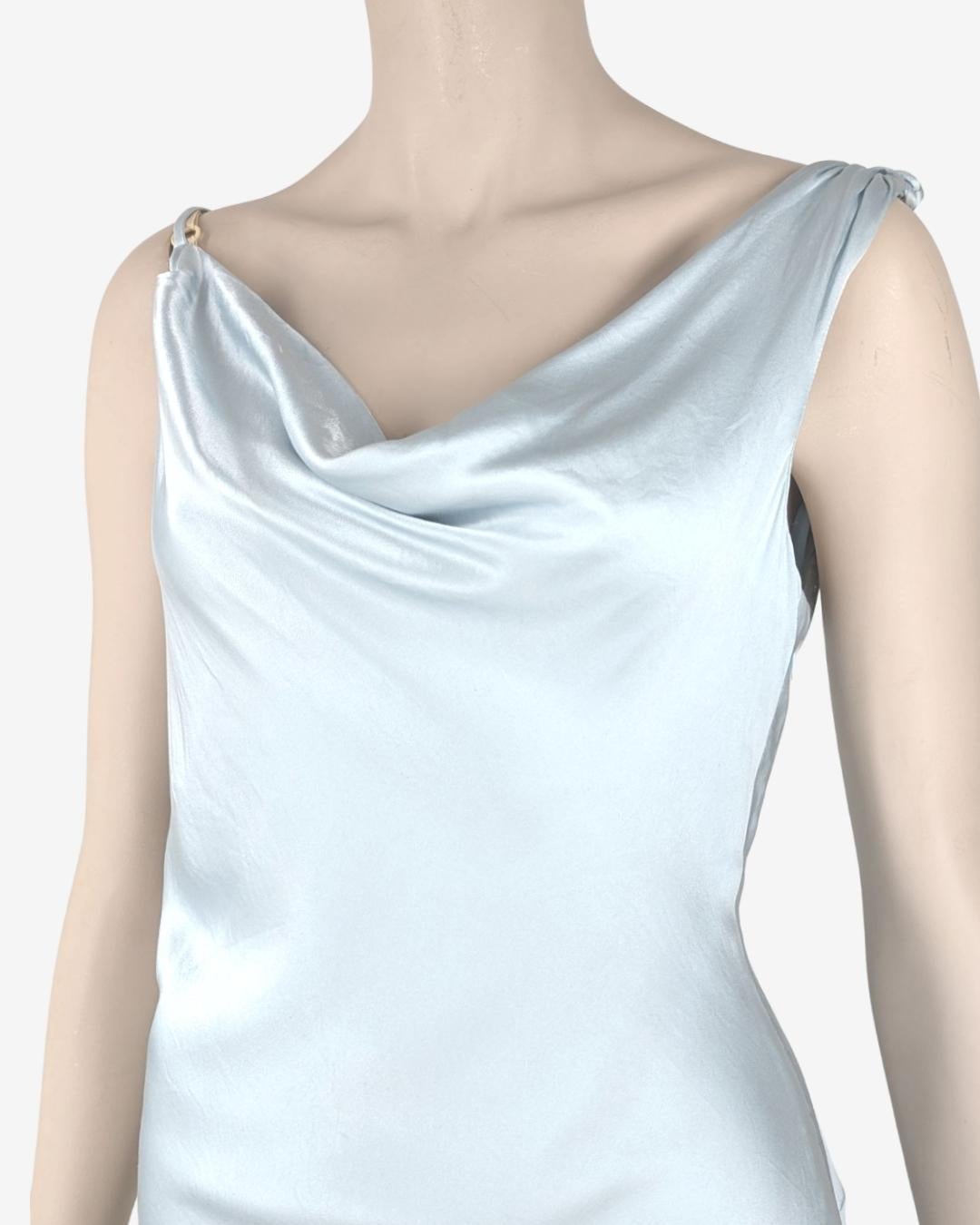 By Dolce& Gabbana line D&G asymmetric draped silk dress. Circa 2000s

· one spaghetti strap with adaptable strap.
· Midi dress
· Cowl neckline
. Bright silk
. Zip on the side
. No transparency 
 

Size fits L ; Tag Label 30IT

Flat measurements