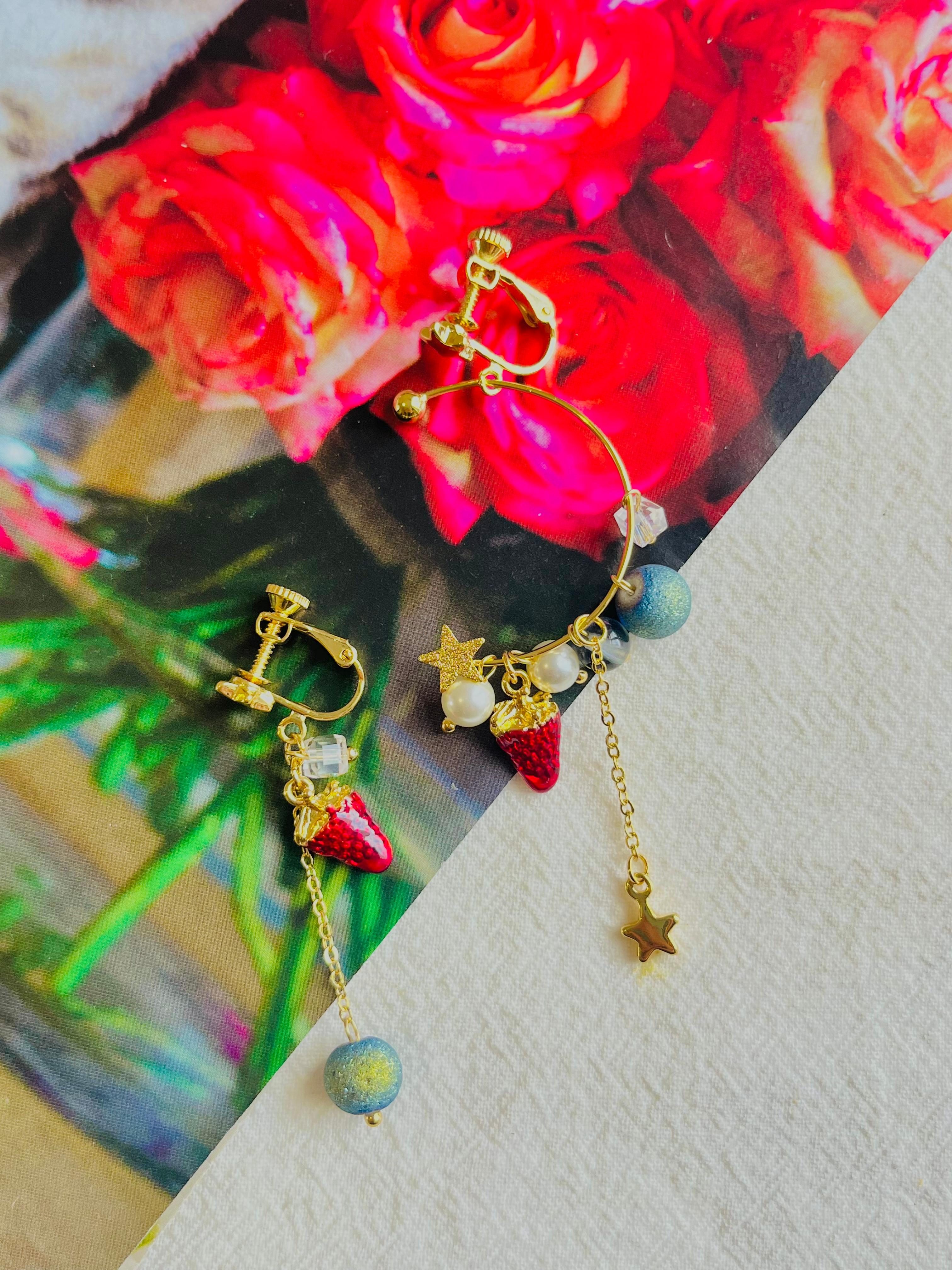 Asymmetric Strawberry Cluster Ball Star Hoop Tassel Drop Gold Clip On Earrings 