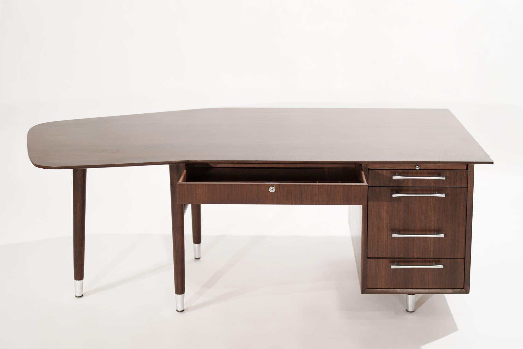 Mid-Century Modern Asymmetric Walnut Desk w/ Nickel Accents, C. 1950s For Sale