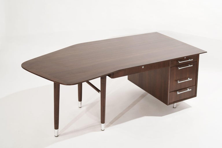 Asymmetric Walnut Desk w/ Nickel Accents, C. 1950s For Sale at 1stDibs