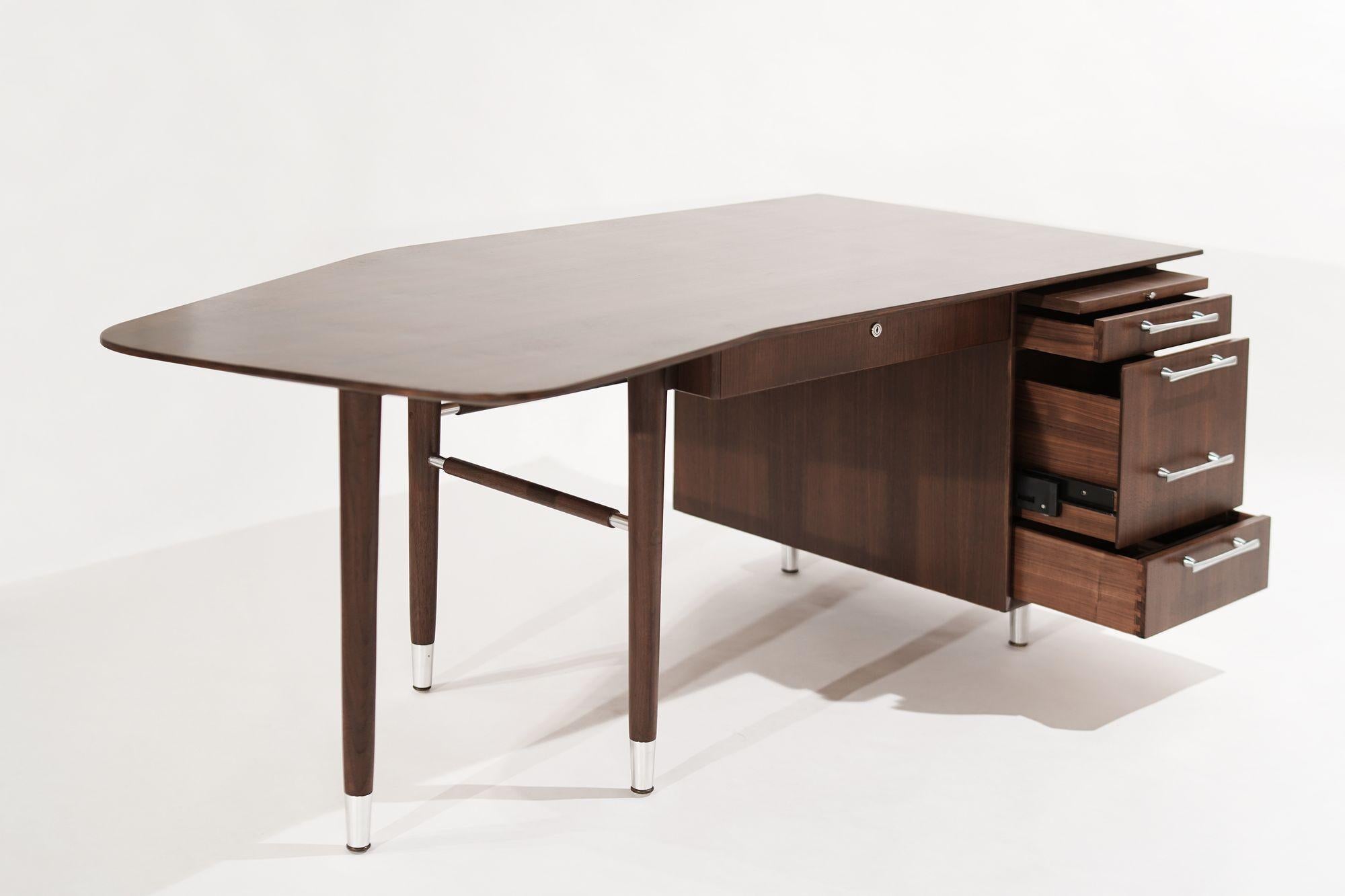 Asymmetric Walnut Desk w/ Nickel Accents, C. 1950s In Excellent Condition For Sale In Westport, CT