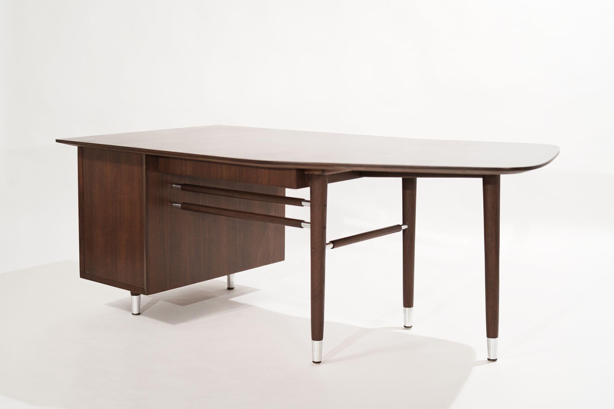 20th Century Asymmetric Walnut Desk w/ Nickel Accents, C. 1950s For Sale