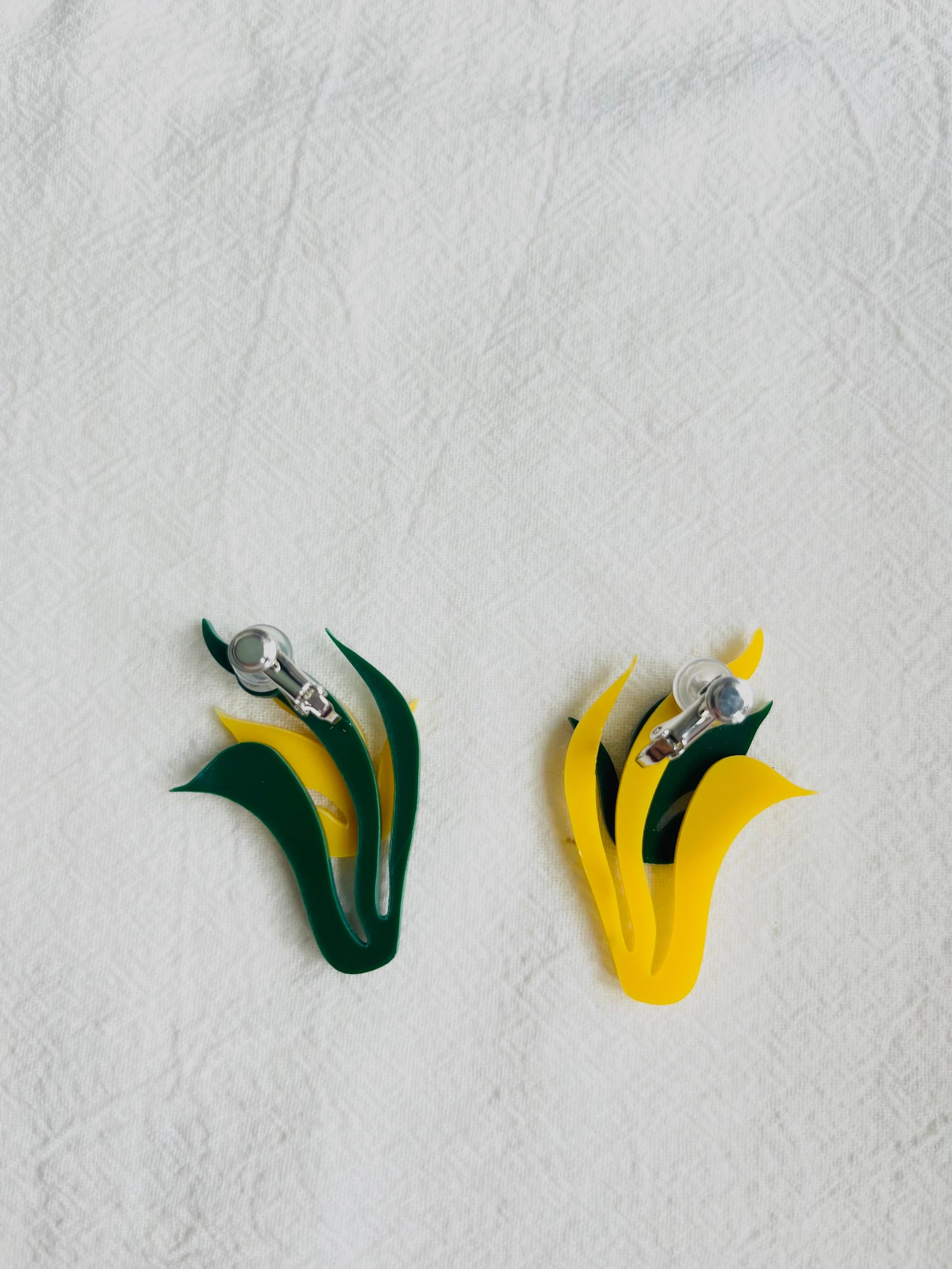 Asymmetric Wavy Yellow Green Tulip Flower Leaf Rustic Elegant Clip Earrings For Sale 5