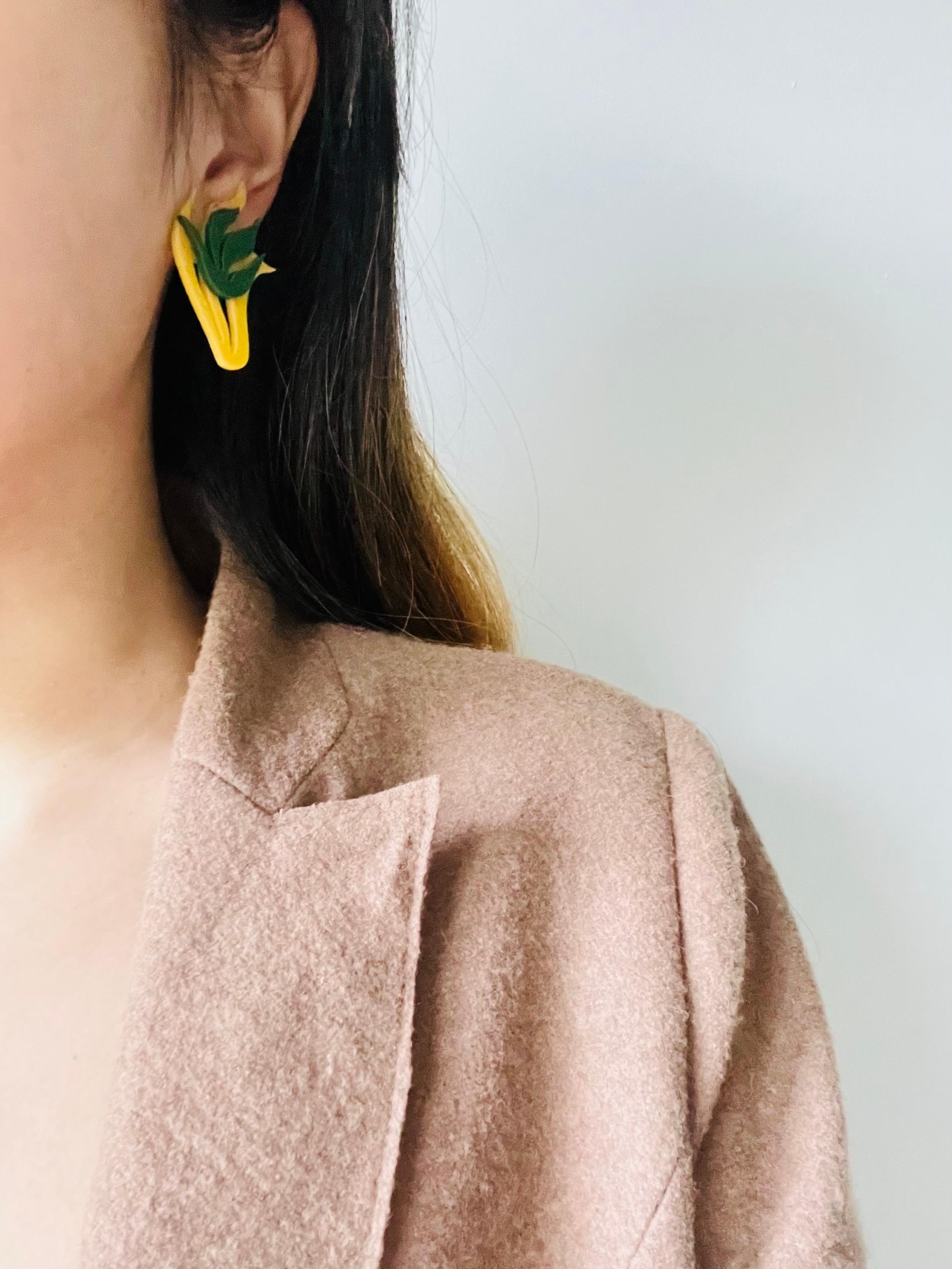 Asymmetric Wavy Yellow Green Tulip Flower Leaf Rustic Elegant Clip Earrings For Sale 1