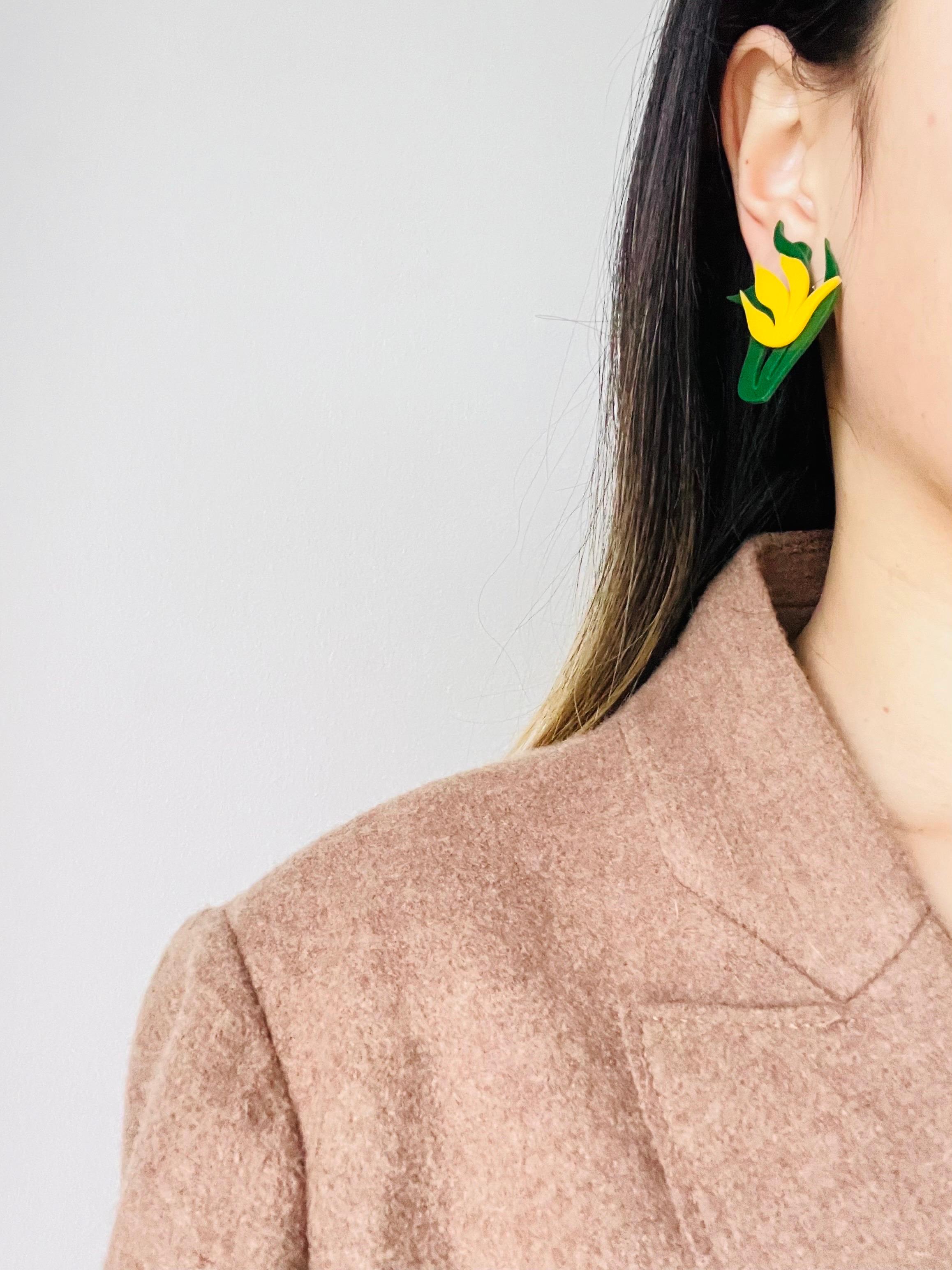 Asymmetric Wavy Yellow Green Tulip Flower Leaf Rustic Elegant Clip Earrings For Sale 2