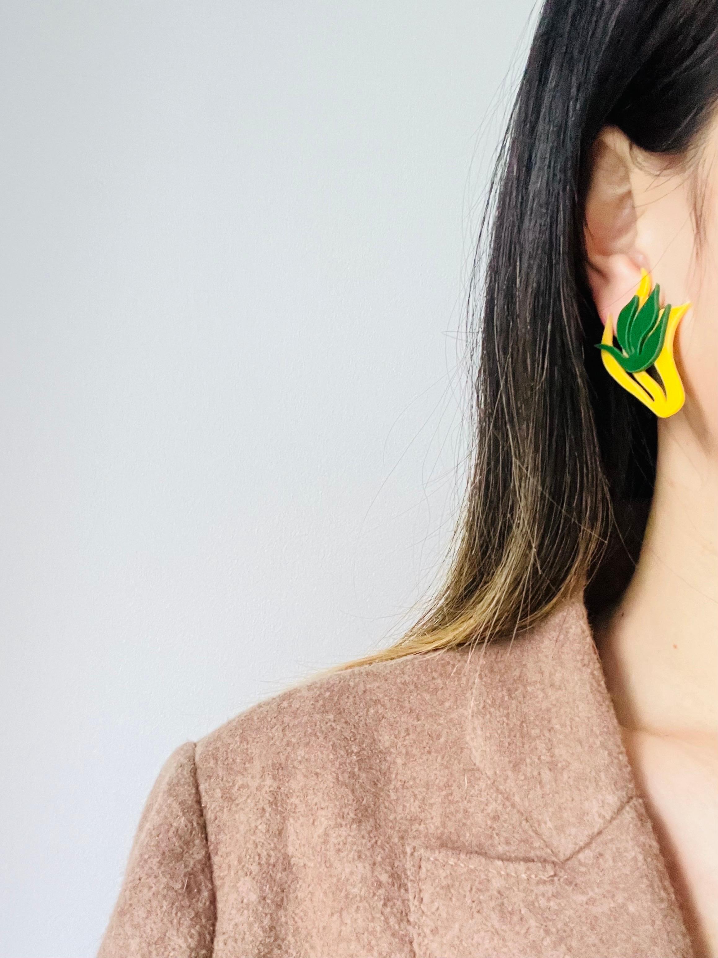 Asymmetric Wavy Yellow Green Tulip Flower Leaf Rustic Elegant Clip Earrings For Sale 4