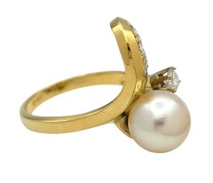 Asymmetric White Akoya Pearl and Diamond Cocktail Ring in 18 Karat Yellow Gold