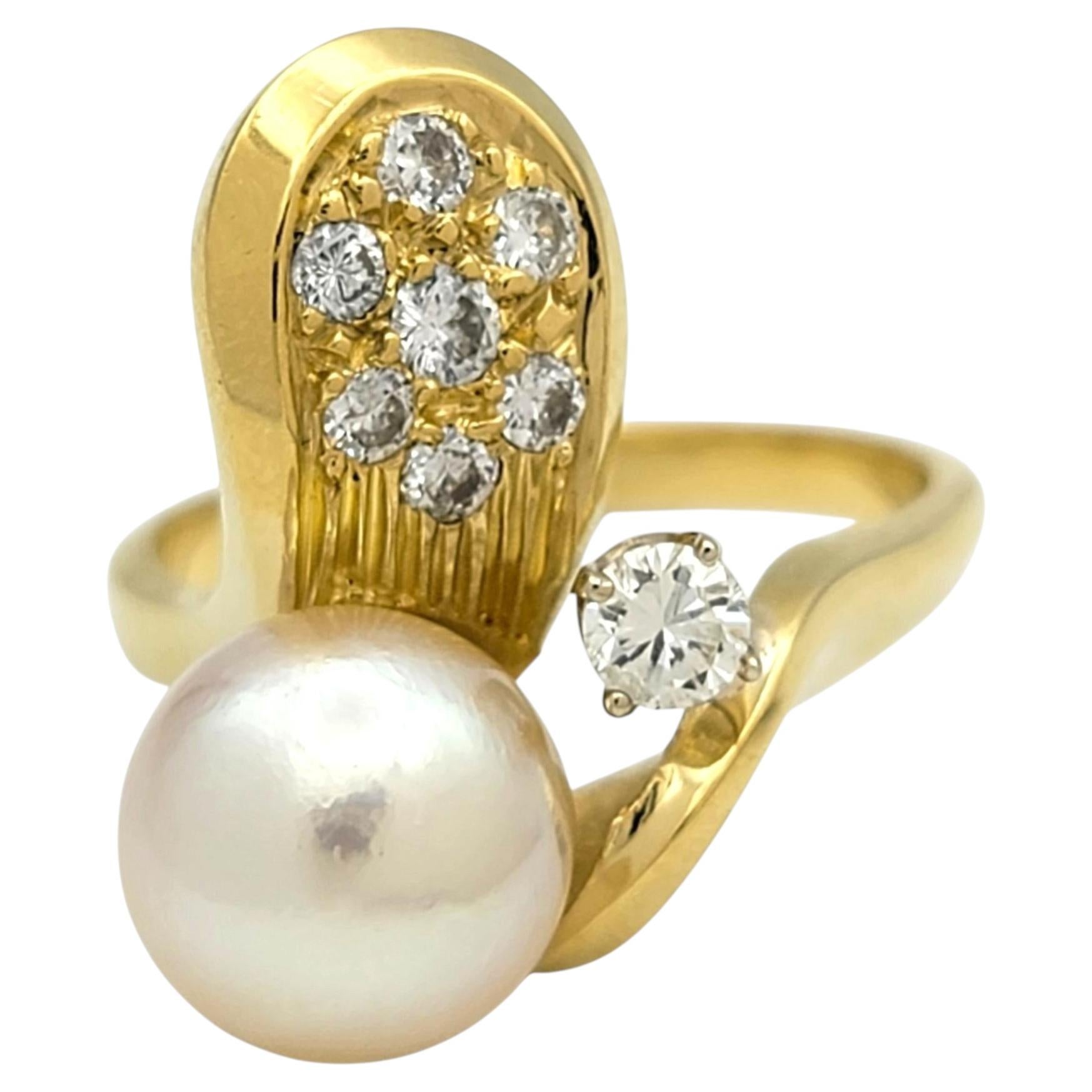 Asymmetric White Akoya Pearl and Diamond Cocktail Ring in 18 Karat Yellow Gold For Sale