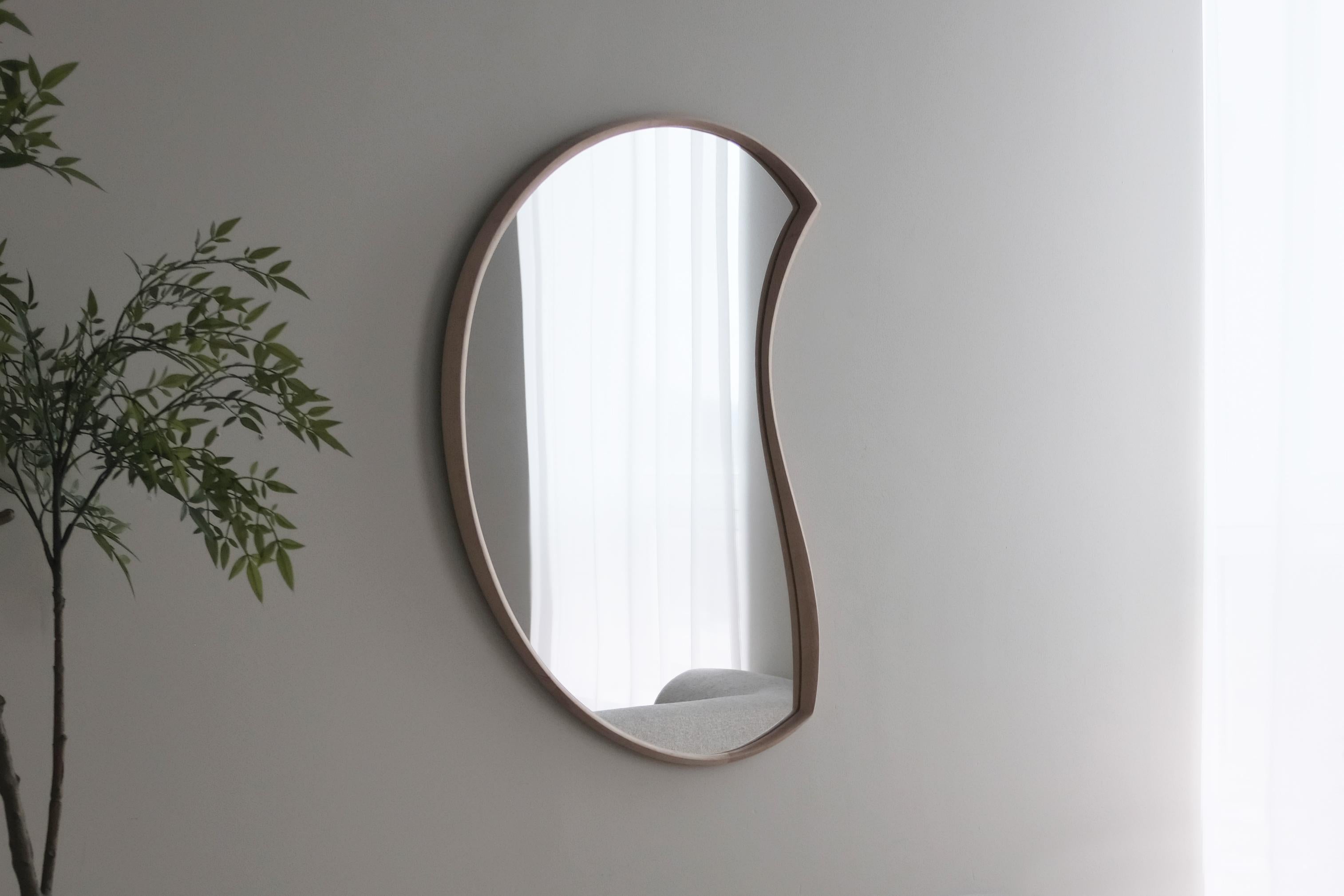 Mid-Century Modern Asymmetric Wood Mirror, Organic Moon Wall Mirror (Medium) by Soo Joo  For Sale