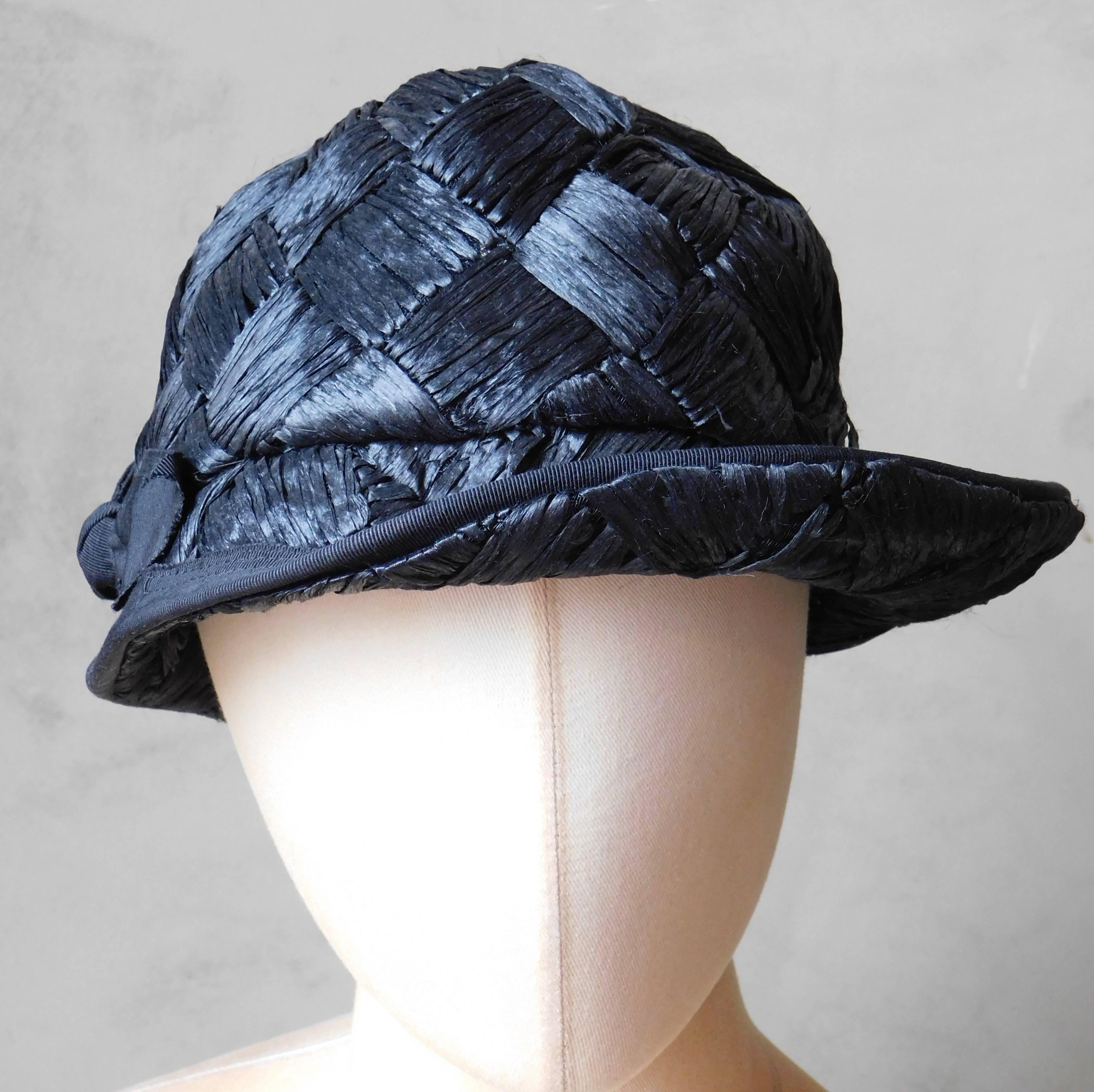  Asymmetrical 1940's Vintage Black Raffia Straw Hat  For Sale 1
