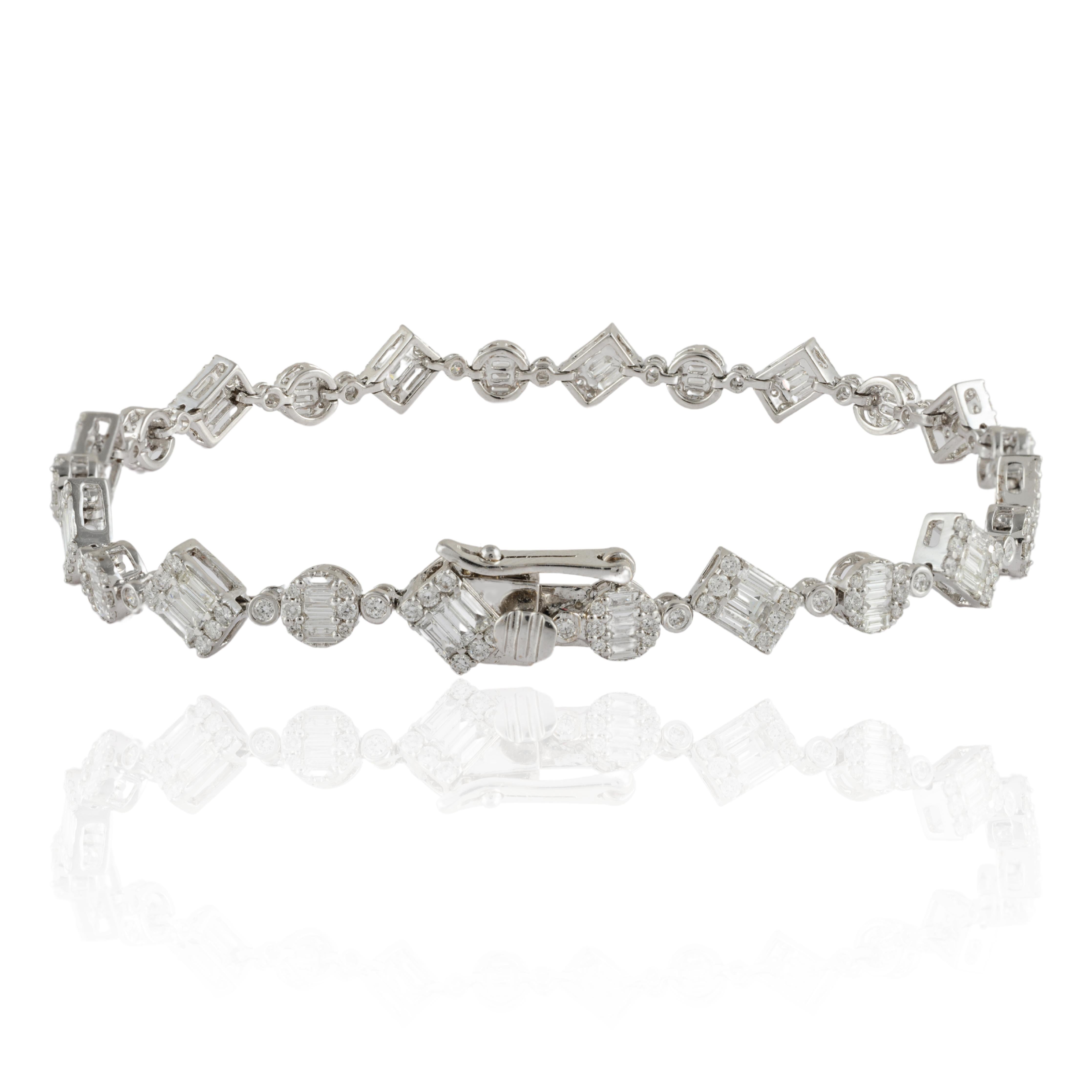 This Asymmetrical Diamond Tennis Bracelet in 18K gold showcases 252 endlessly sparkling natural diamonds, weighing 2.91 carats. It measures 7.5 inches long in length. 
Diamond brings love, fame, success and prosperity.
Designed with perfect cut