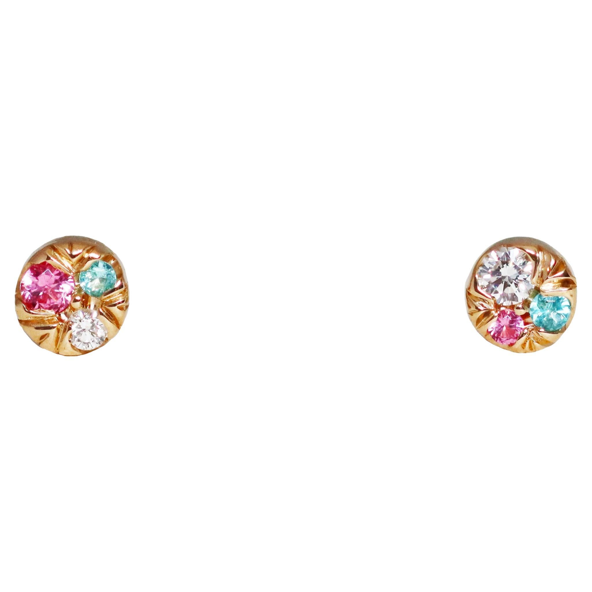 Boucles d'oreilles asymétriques 4 mm diamant Spinel Paraiba Tourmaine Stack Side en vente