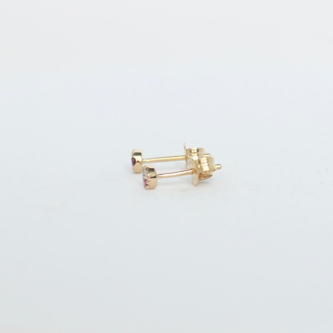 Contemporary Asymmetrical 4 mm Yellow Gold Diamond Spinel Mini Stack Side Stud Earrings For Sale