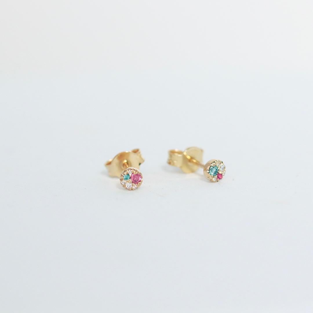 Women's Asymmetrical 4 mm Yellow Gold Diamond Spinel Mini Stack Side Stud Earrings For Sale