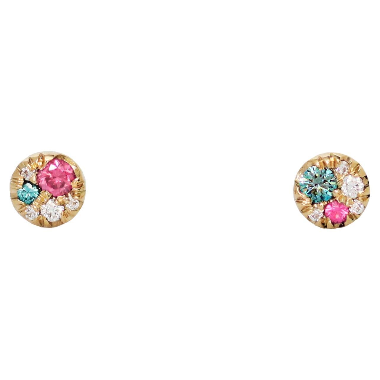 Asymmetrical 4 mm Yellow Gold Diamond Spinel Mini Stack Side Stud Earrings For Sale