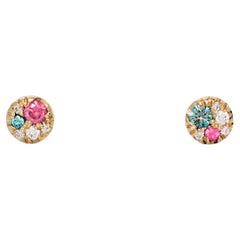 Asymmetrical 4 mm Yellow Gold Diamond Spinel Mini Stack Side Stud Earrings