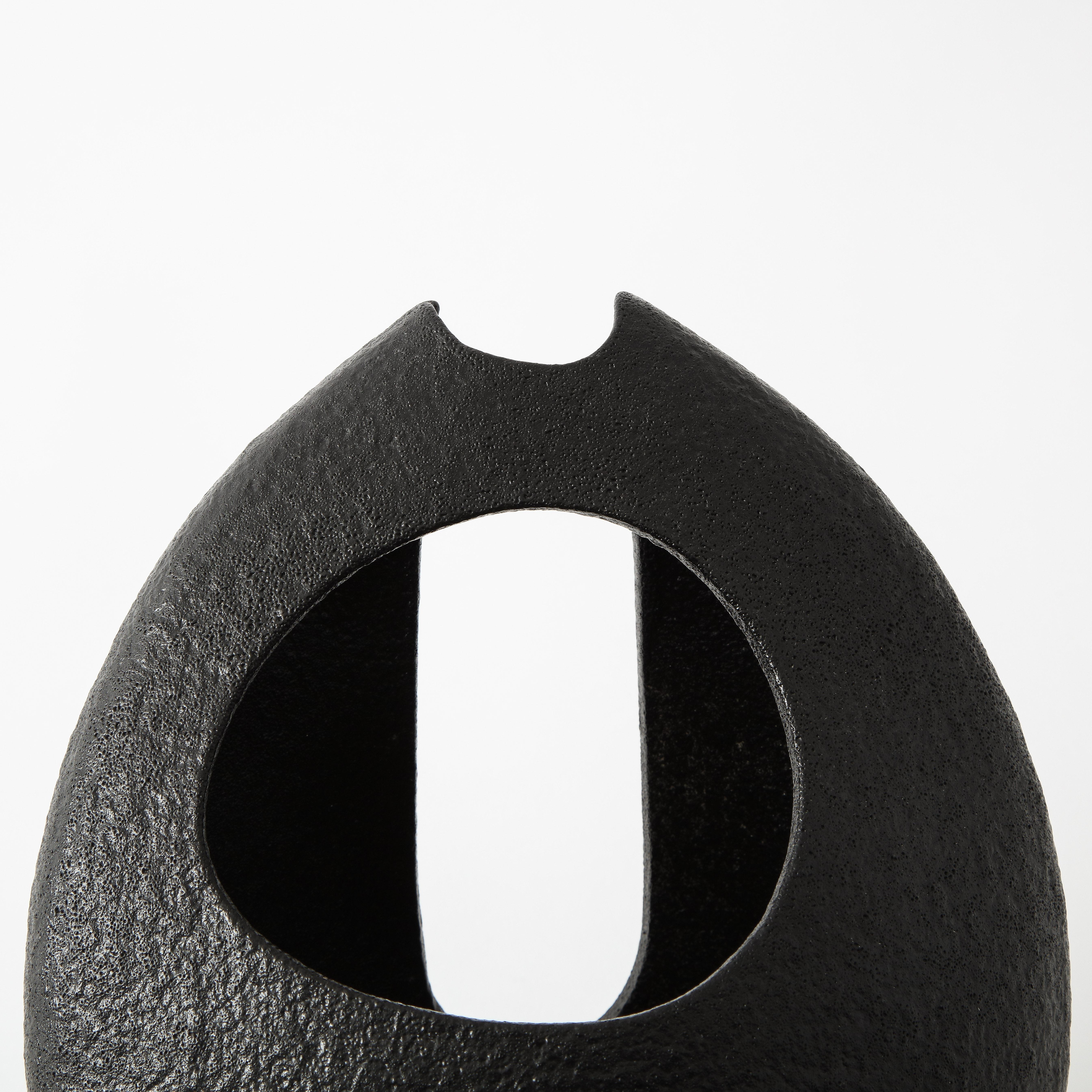 Asymmetrical Almond-Shaped Black Textured Japanese Ceramic Vessel 4