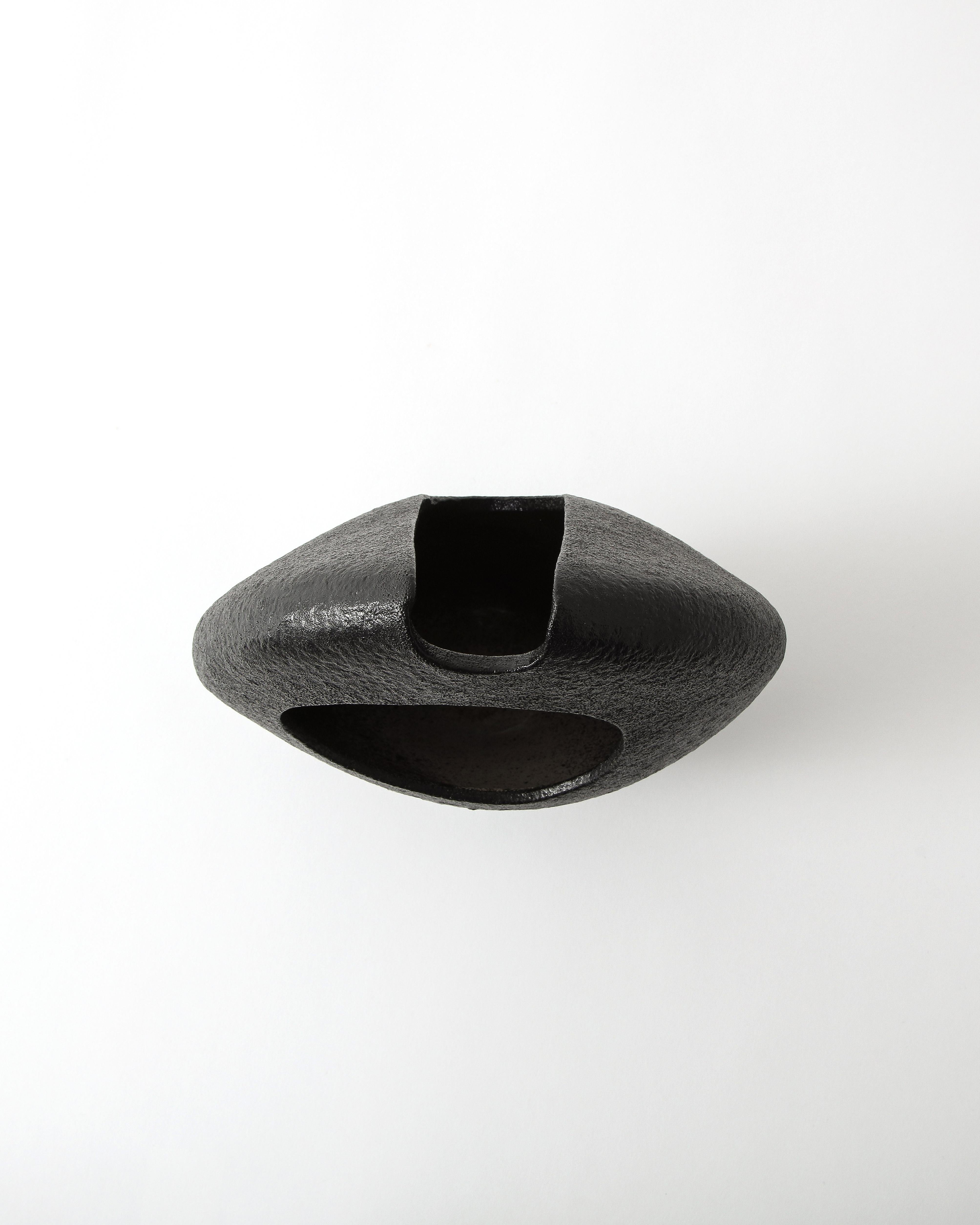 Asymmetrical Almond-Shaped Black Textured Japanese Ceramic Vessel 5