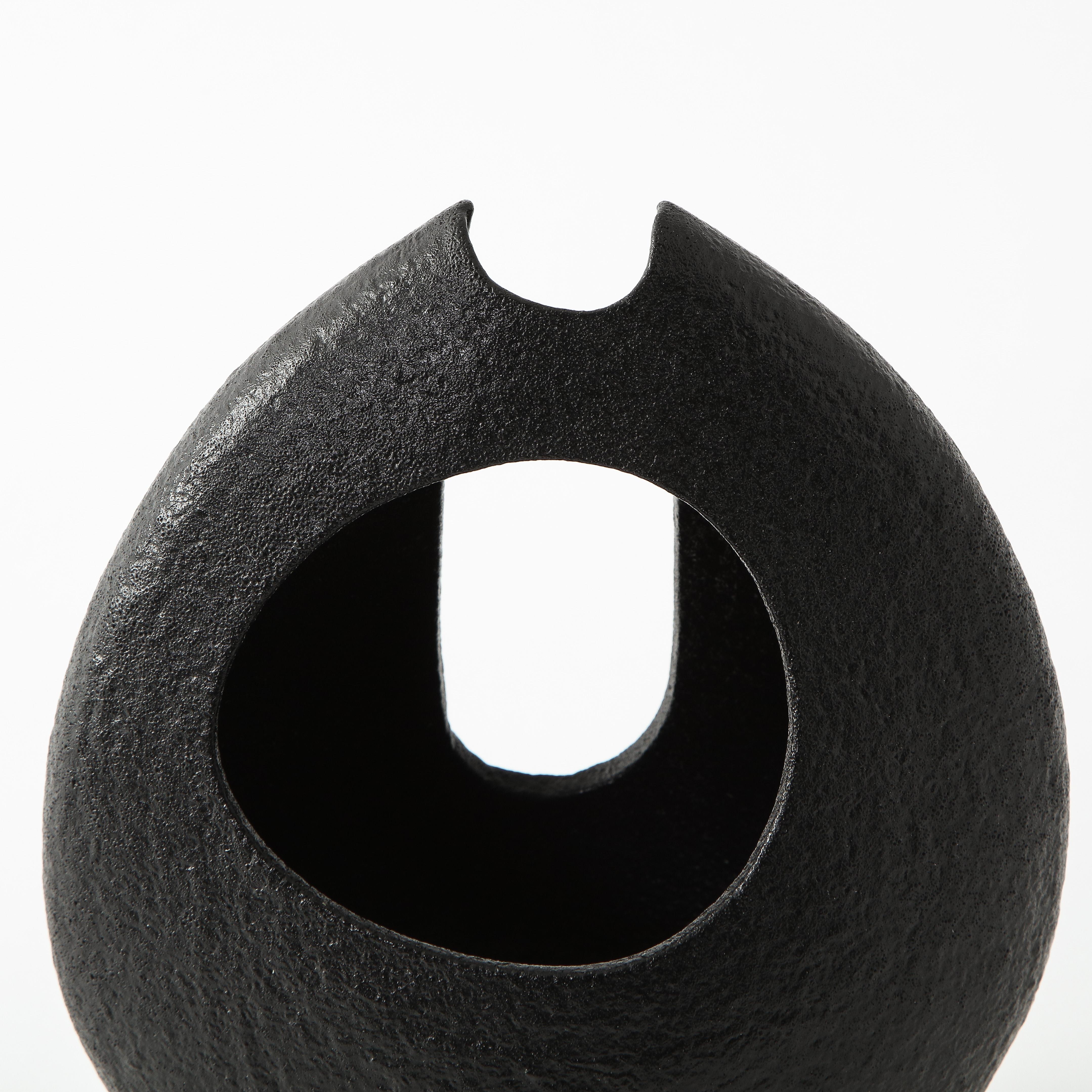 Asymmetrical Almond-Shaped Black Textured Japanese Ceramic Vessel 6
