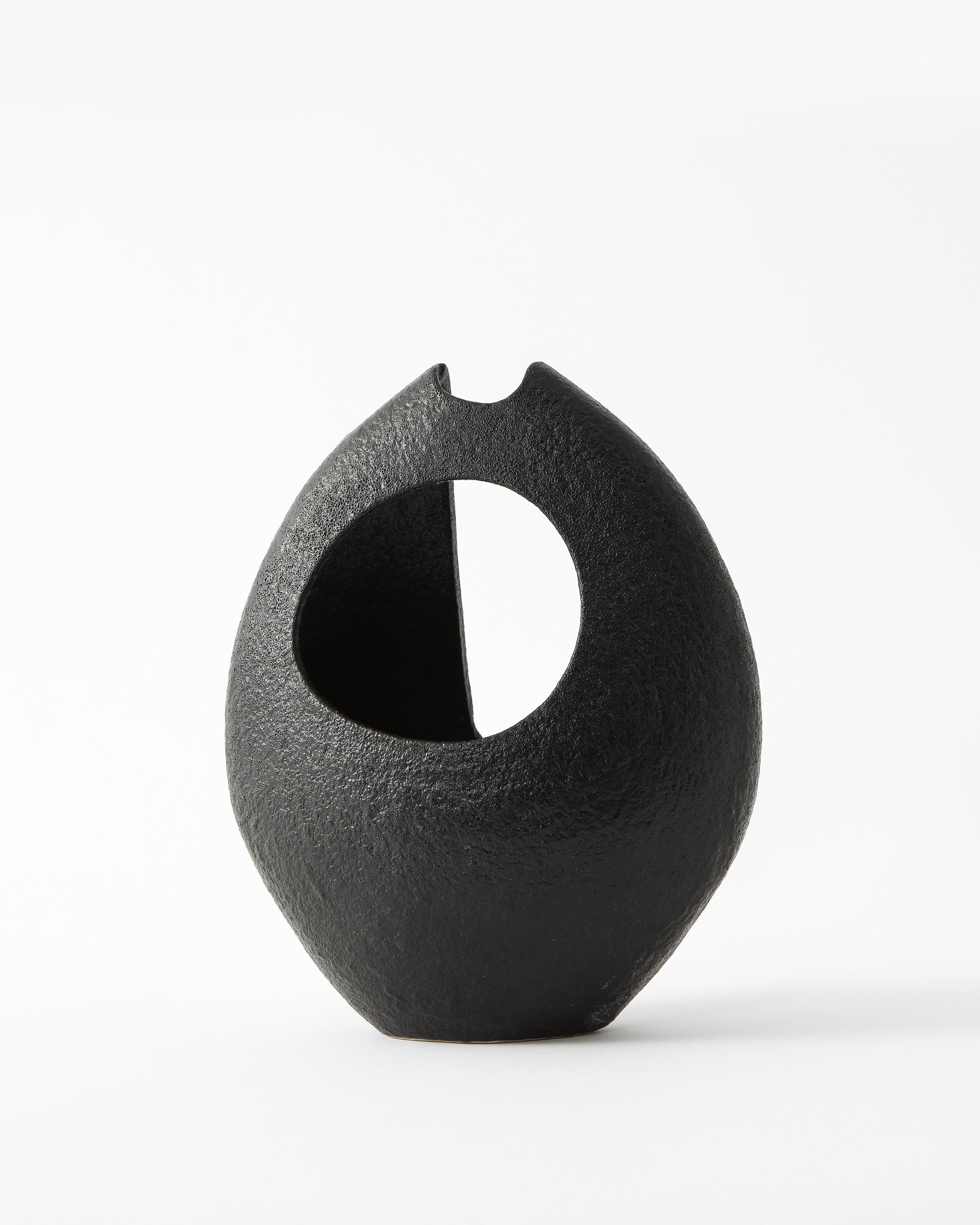 Asymmetrical Almond-Shaped Black Textured Japanese Ceramic Vessel 7