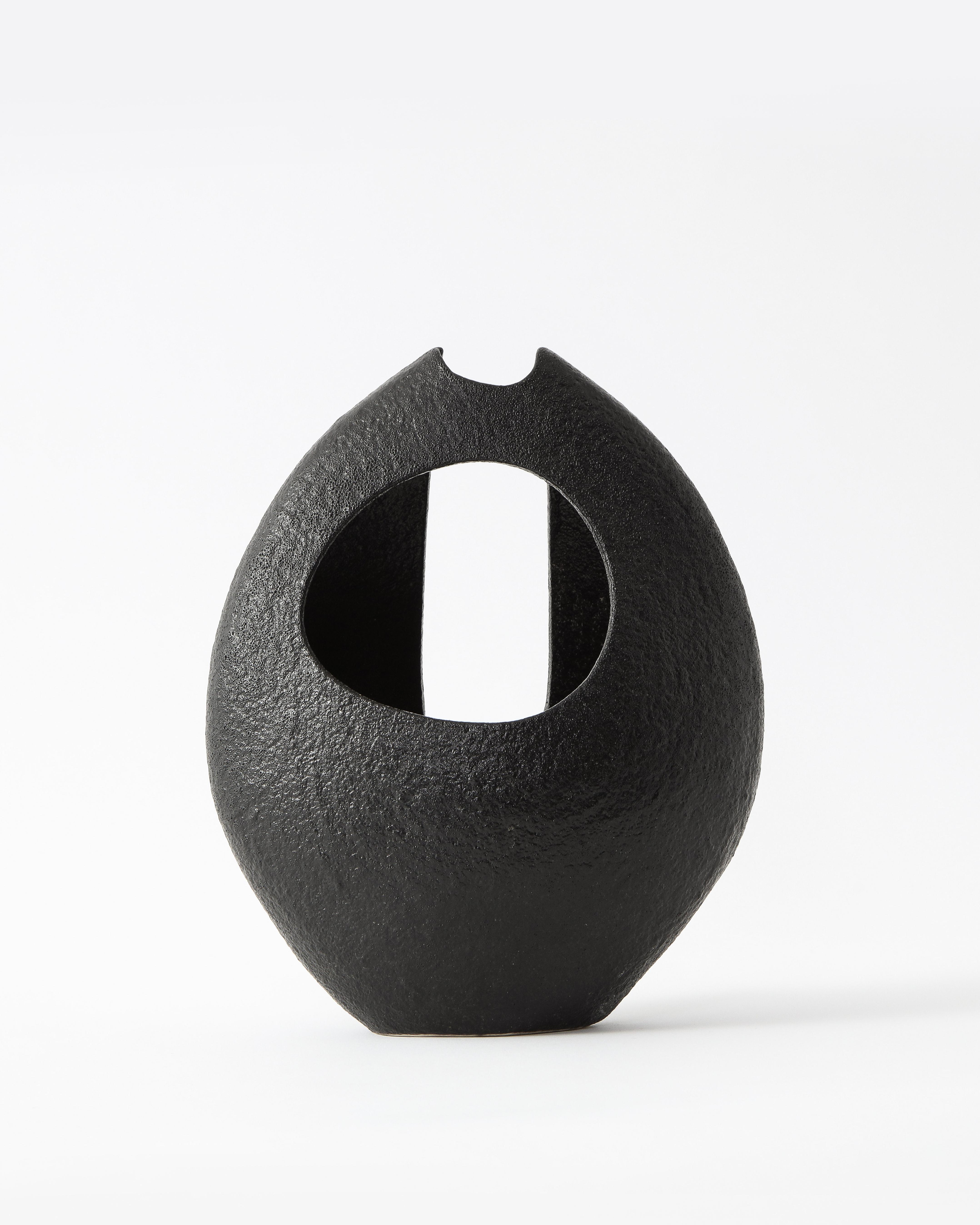 Asymmetrical Almond-Shaped Black Textured Japanese Ceramic Vessel 8