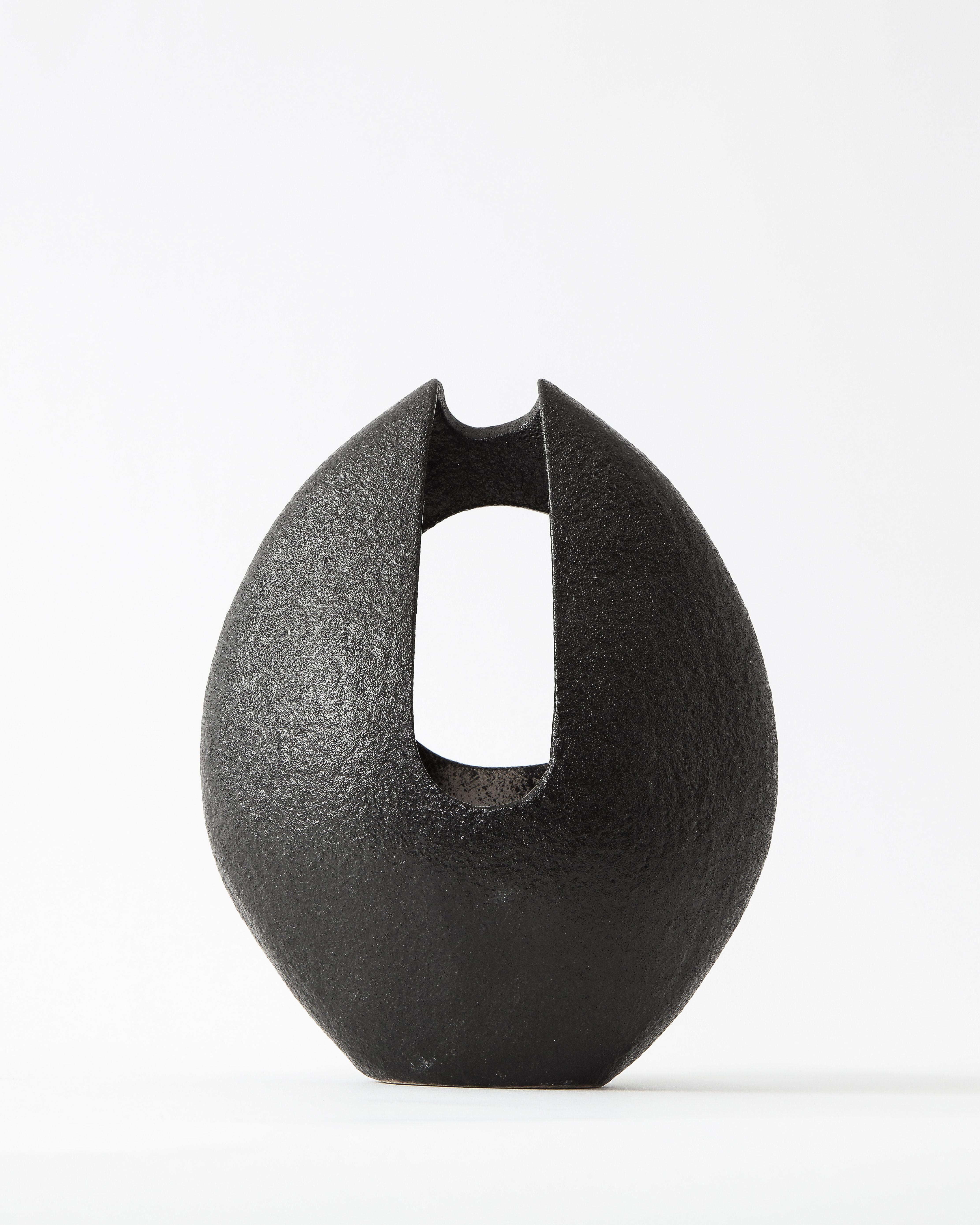 Asymmetrical Almond-Shaped Black Textured Japanese Ceramic Vessel 9