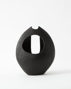 Asymmetrical Almond-Shaped Black Textured Japanese Ceramic Vessel