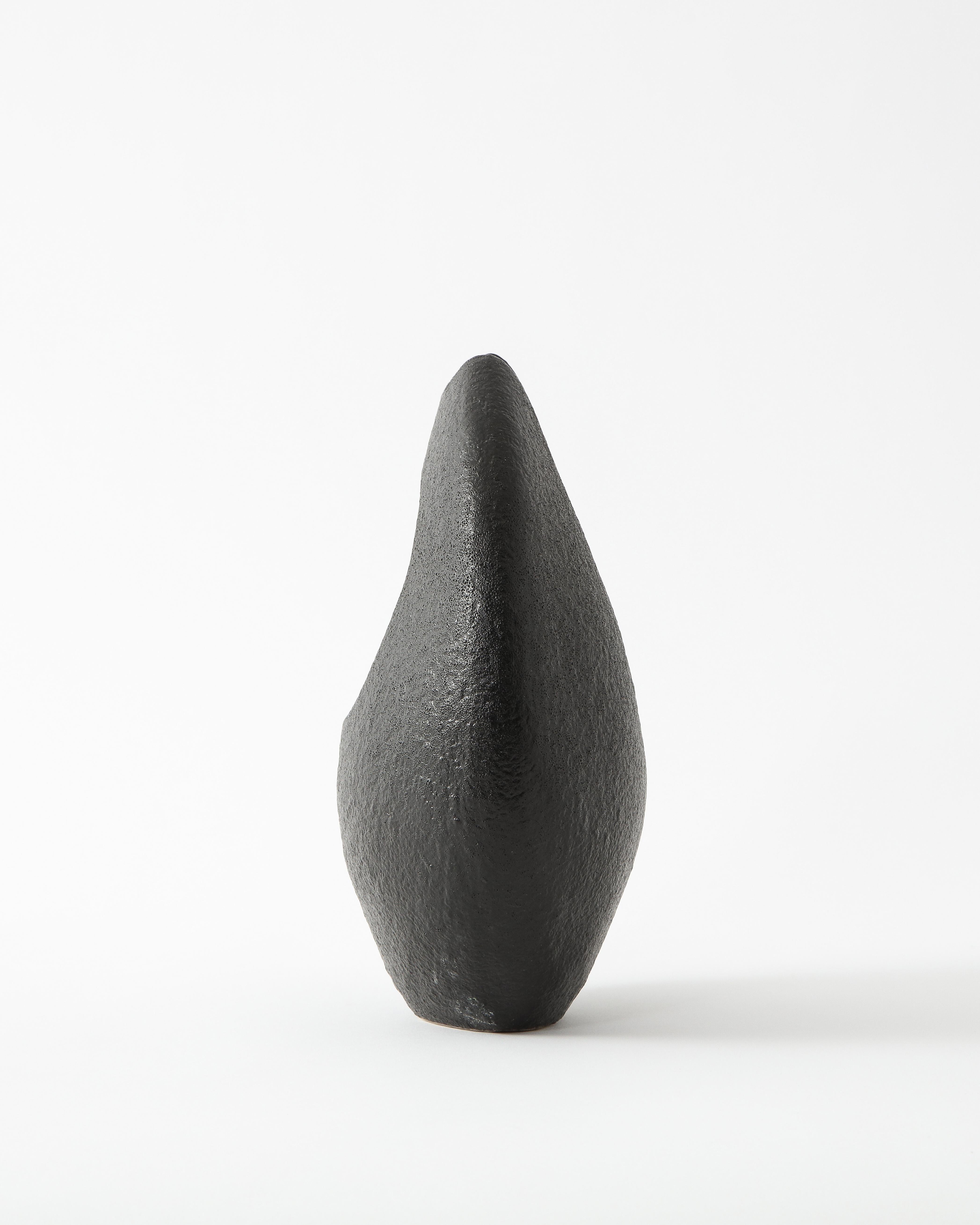 Organic Modern Asymmetrical Almond-Shaped Black Textured Japanese Ceramic Vessel