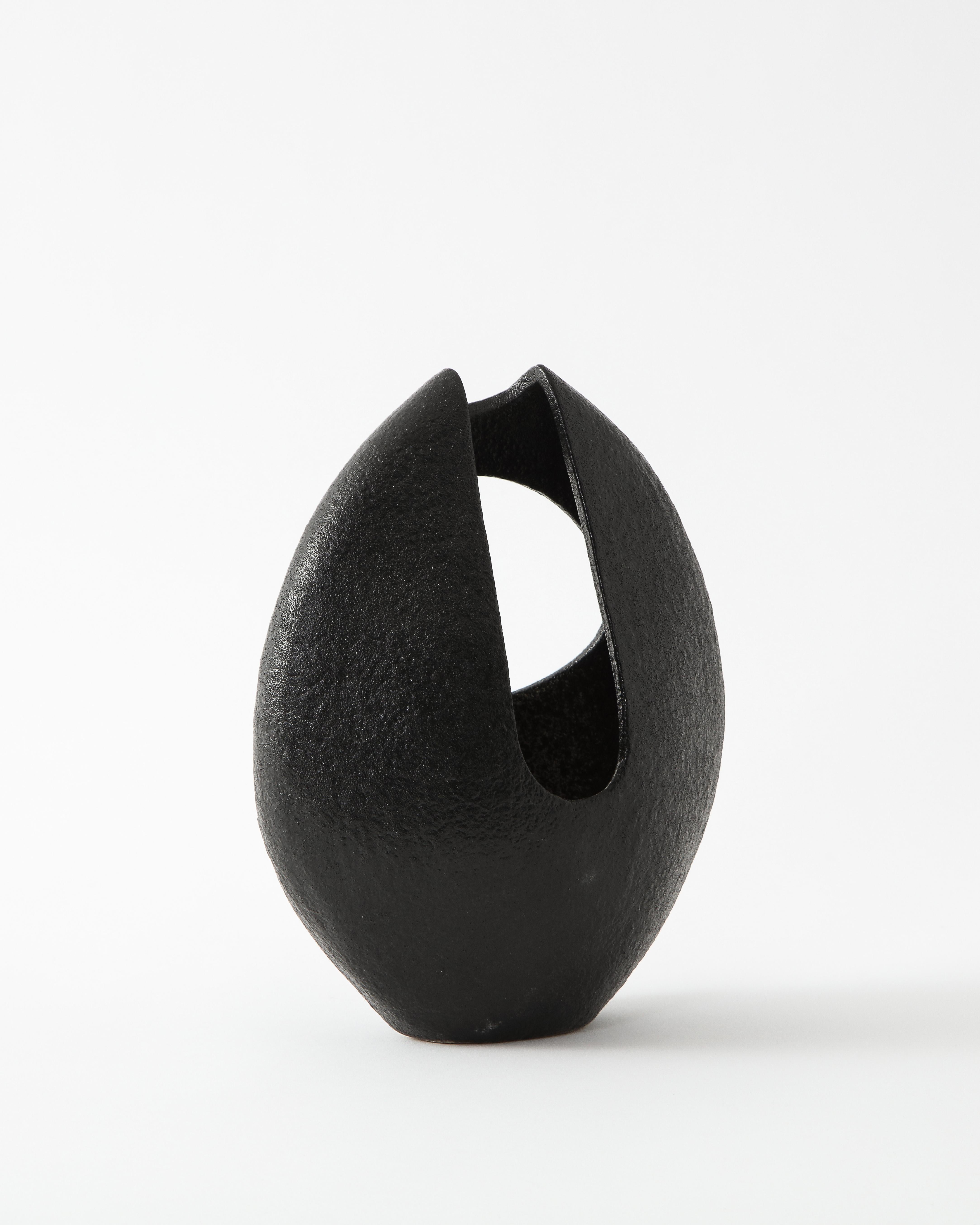 Asian Asymmetrical Almond-Shaped Black Textured Japanese Ceramic Vessel