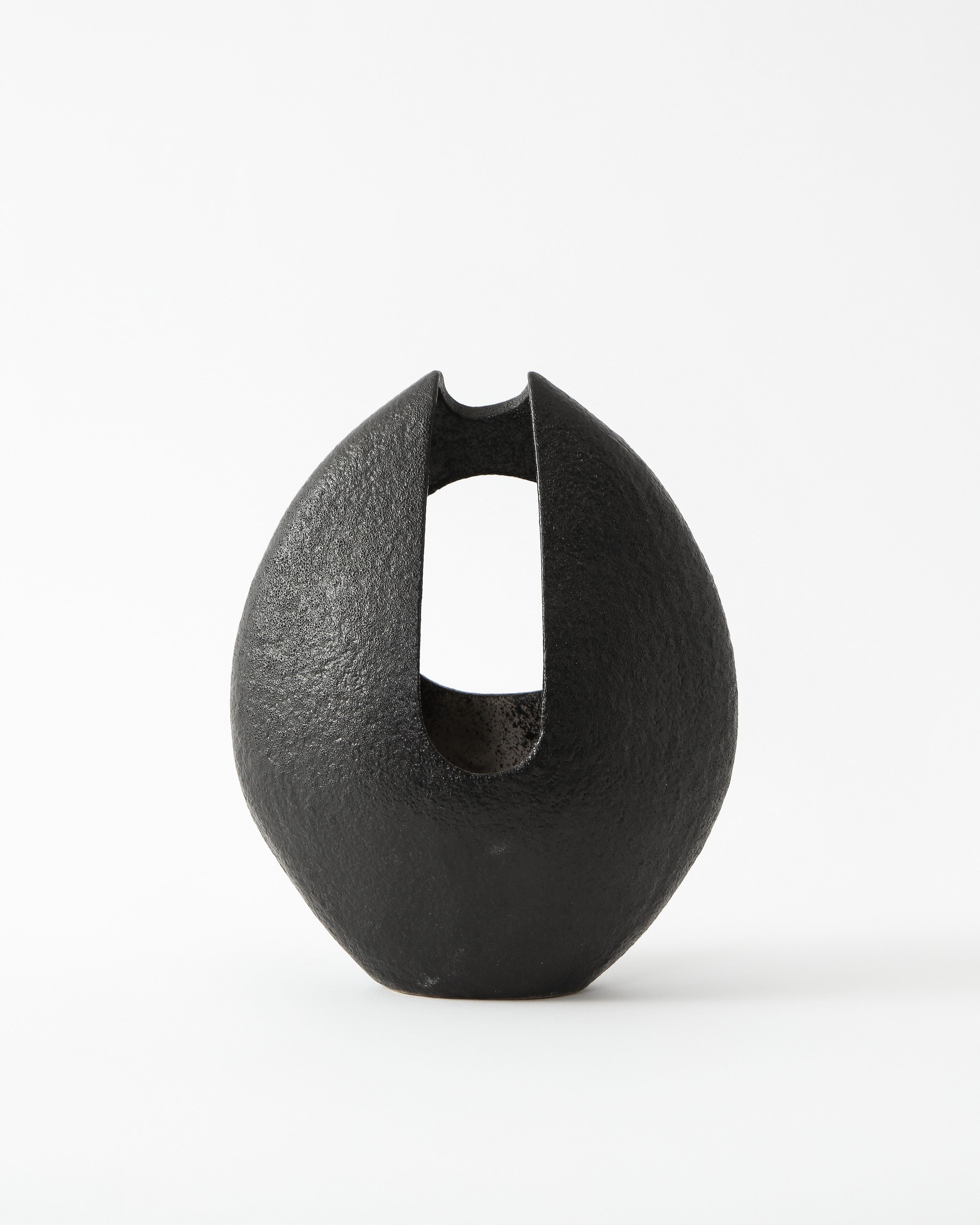 Asymmetrical Almond-Shaped Black Textured Japanese Ceramic Vessel In Excellent Condition In New York, NY
