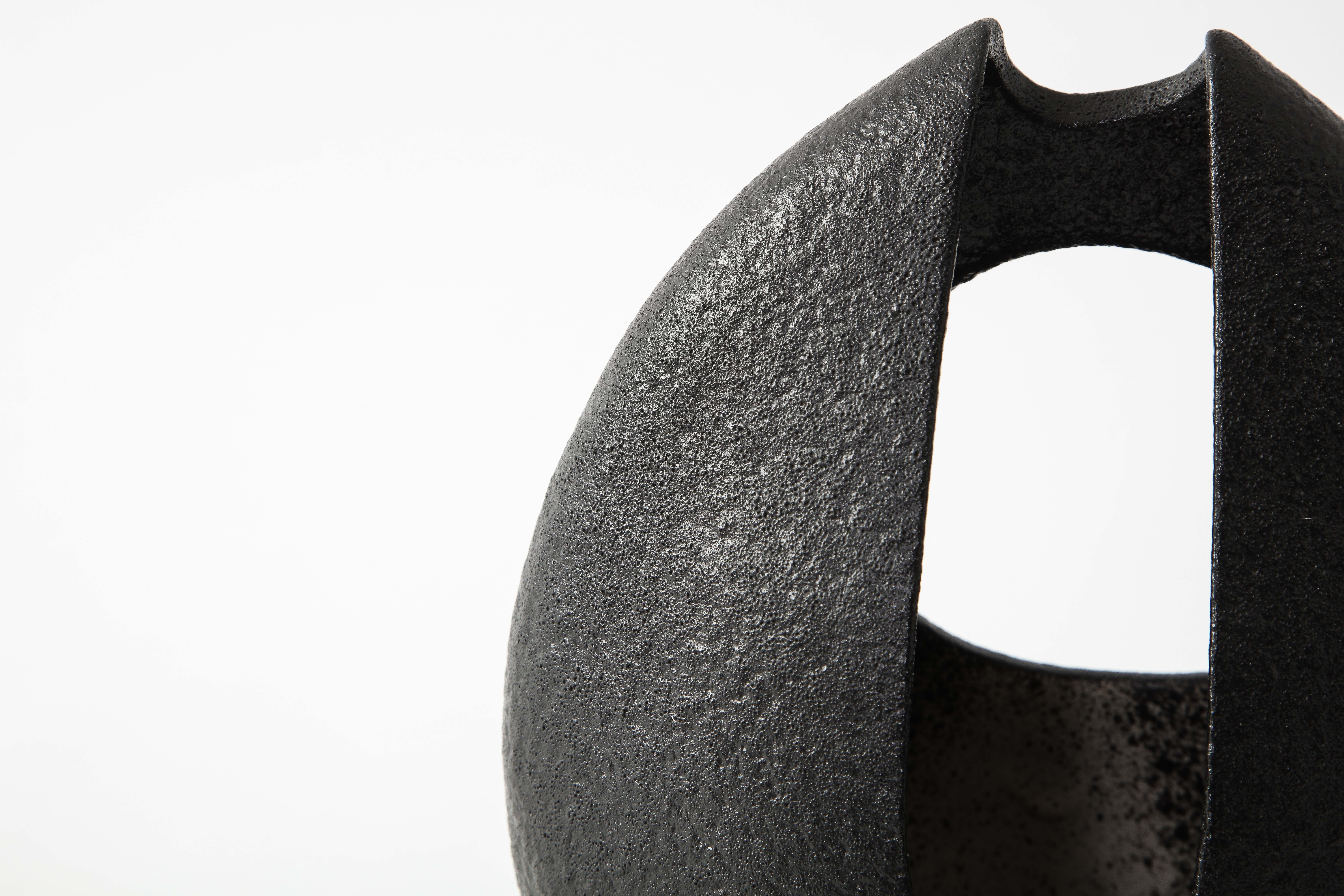 Late 20th Century Asymmetrical Almond-Shaped Black Textured Japanese Ceramic Vessel