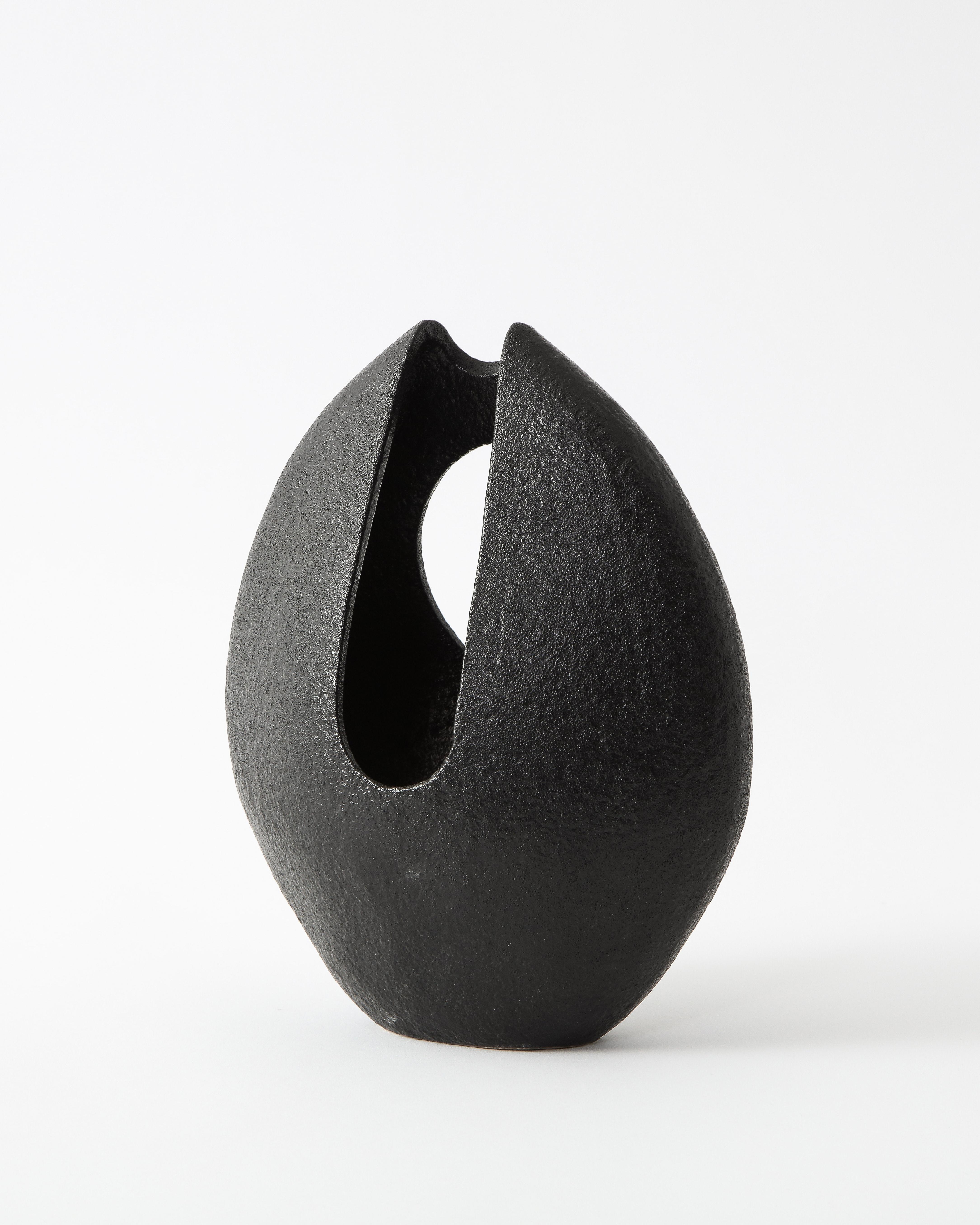 Asymmetrical Almond-Shaped Black Textured Japanese Ceramic Vessel 1