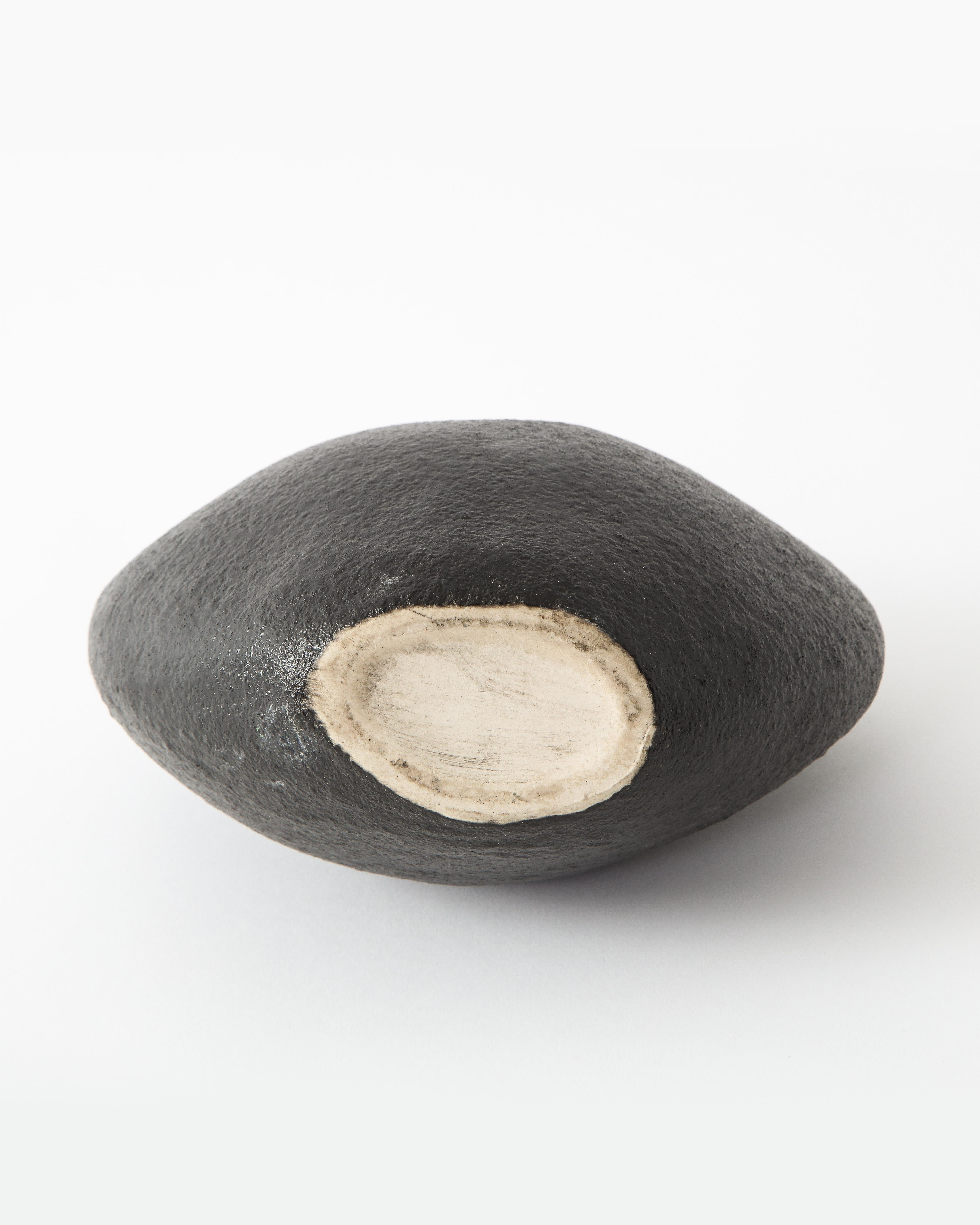 Asymmetrical Almond-Shaped Black Textured Japanese Ceramic Vessel 2