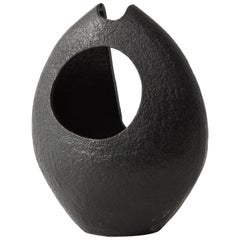 Asymmetrical Almond-Shaped Black Textured Japanese Ceramic Vessel