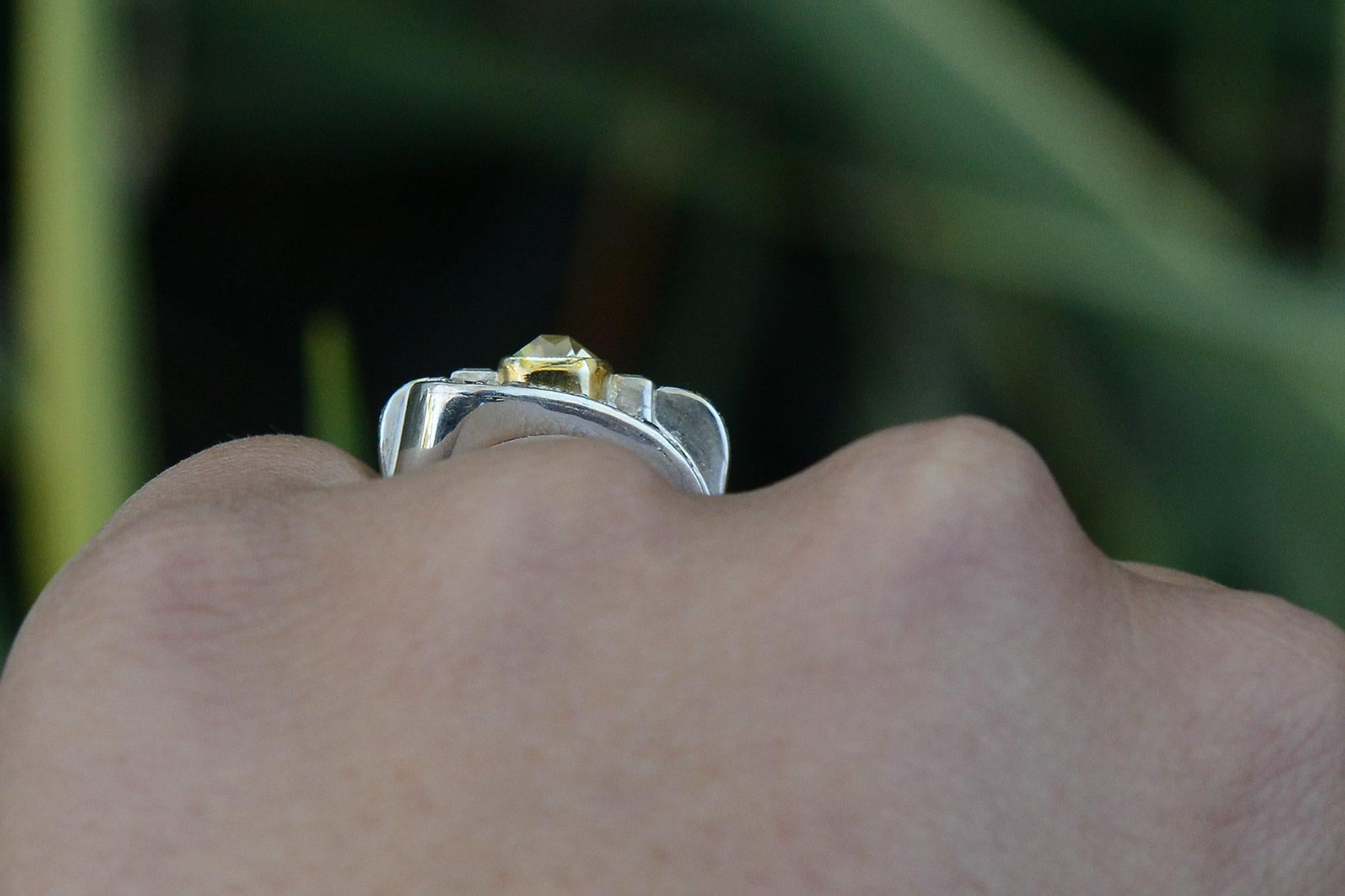 Asymmetrical Art Deco Greenish Yellow Diamond Engagement Ring In Good Condition In Santa Barbara, CA