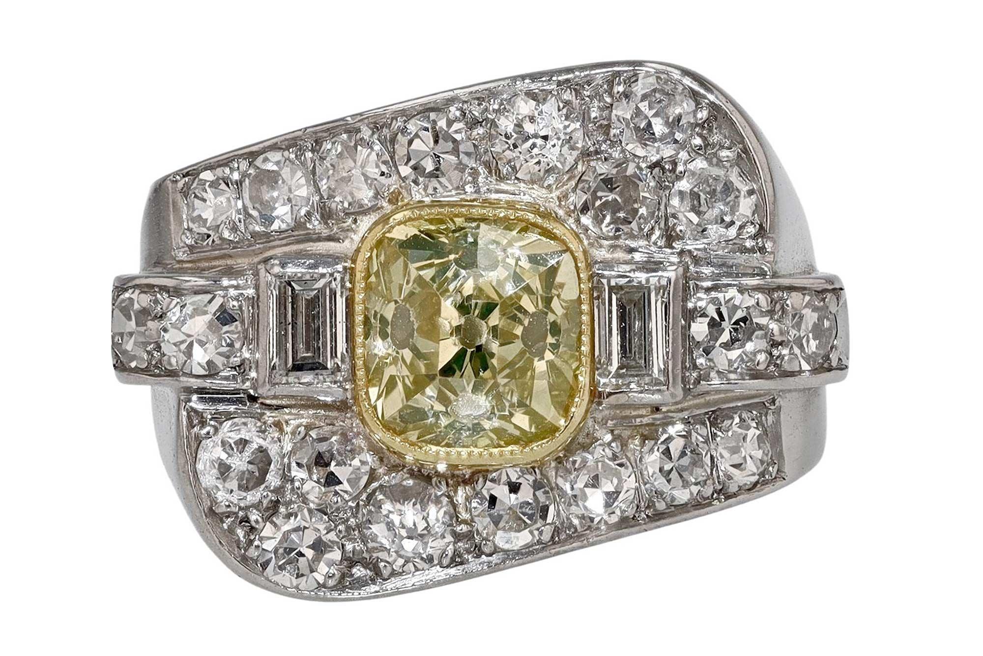 Women's or Men's Asymmetrical Art Deco Greenish Yellow Diamond Engagement Ring