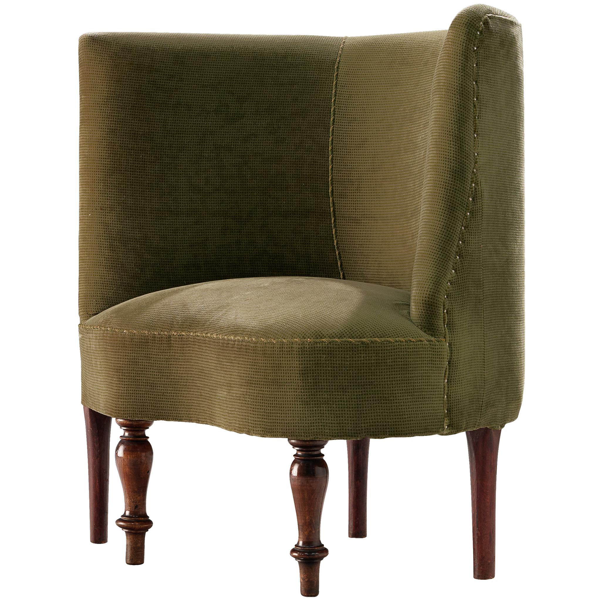 Asymmetrical Art Deco Lounge Chair in Wood and Green Fabric