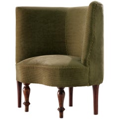 Asymmetrical Art Deco Lounge Chair in Wood and Green Fabric