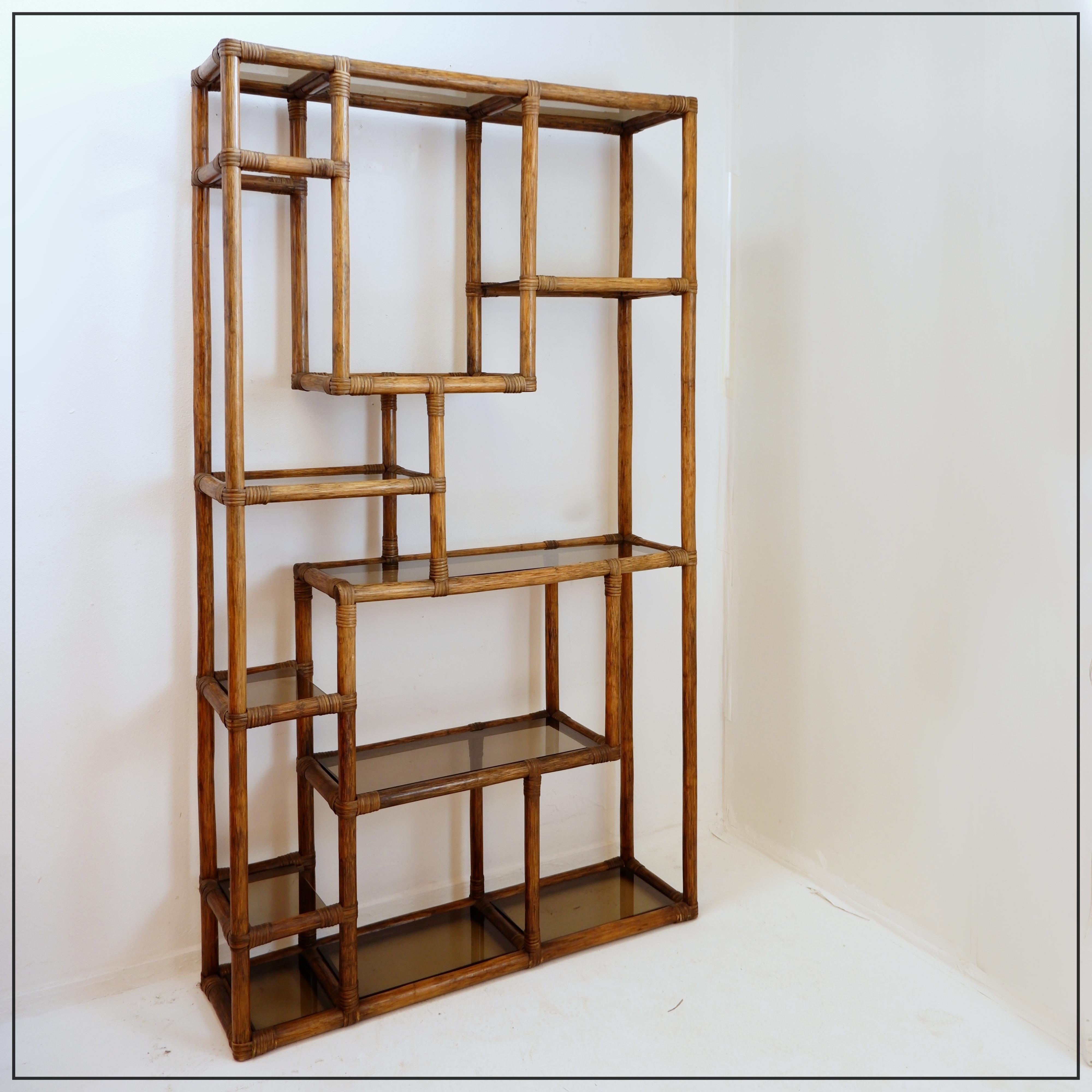 Asymmetrical bamboo and smoked glass shelf - 1970s For Sale 7