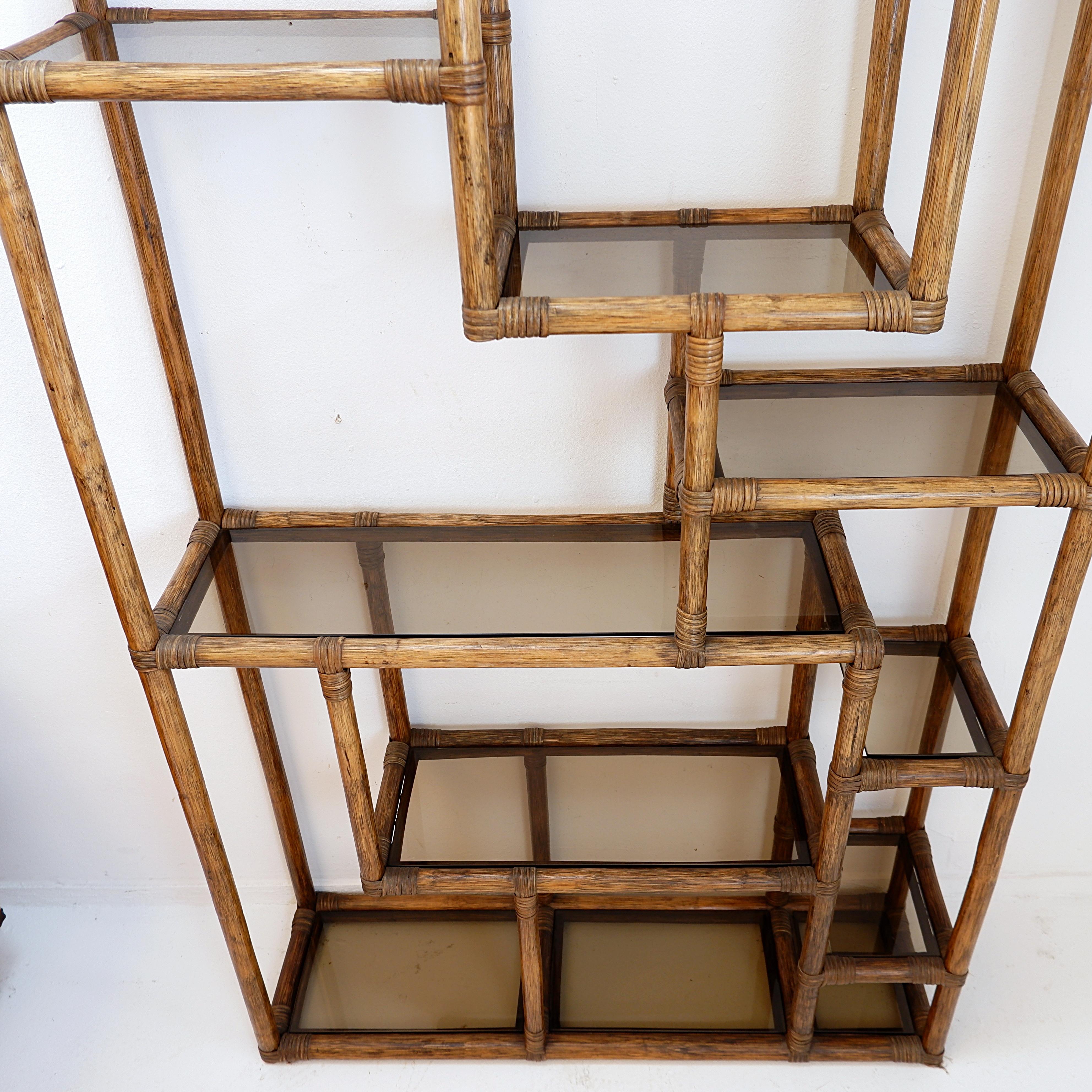 20th Century Asymmetrical bamboo and smoked glass shelf - 1970s For Sale