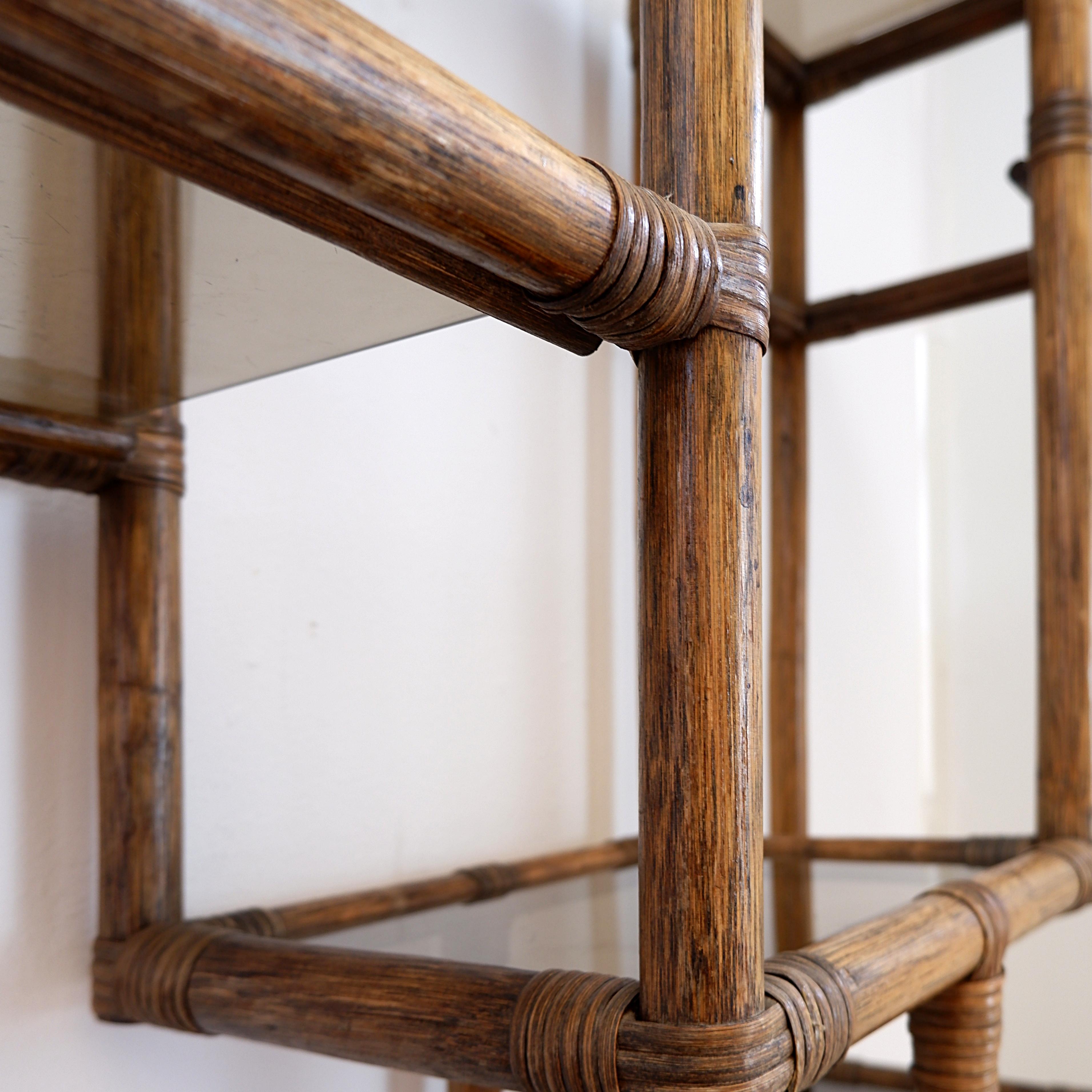 Bamboo Asymmetrical bamboo and smoked glass shelf - 1970s For Sale