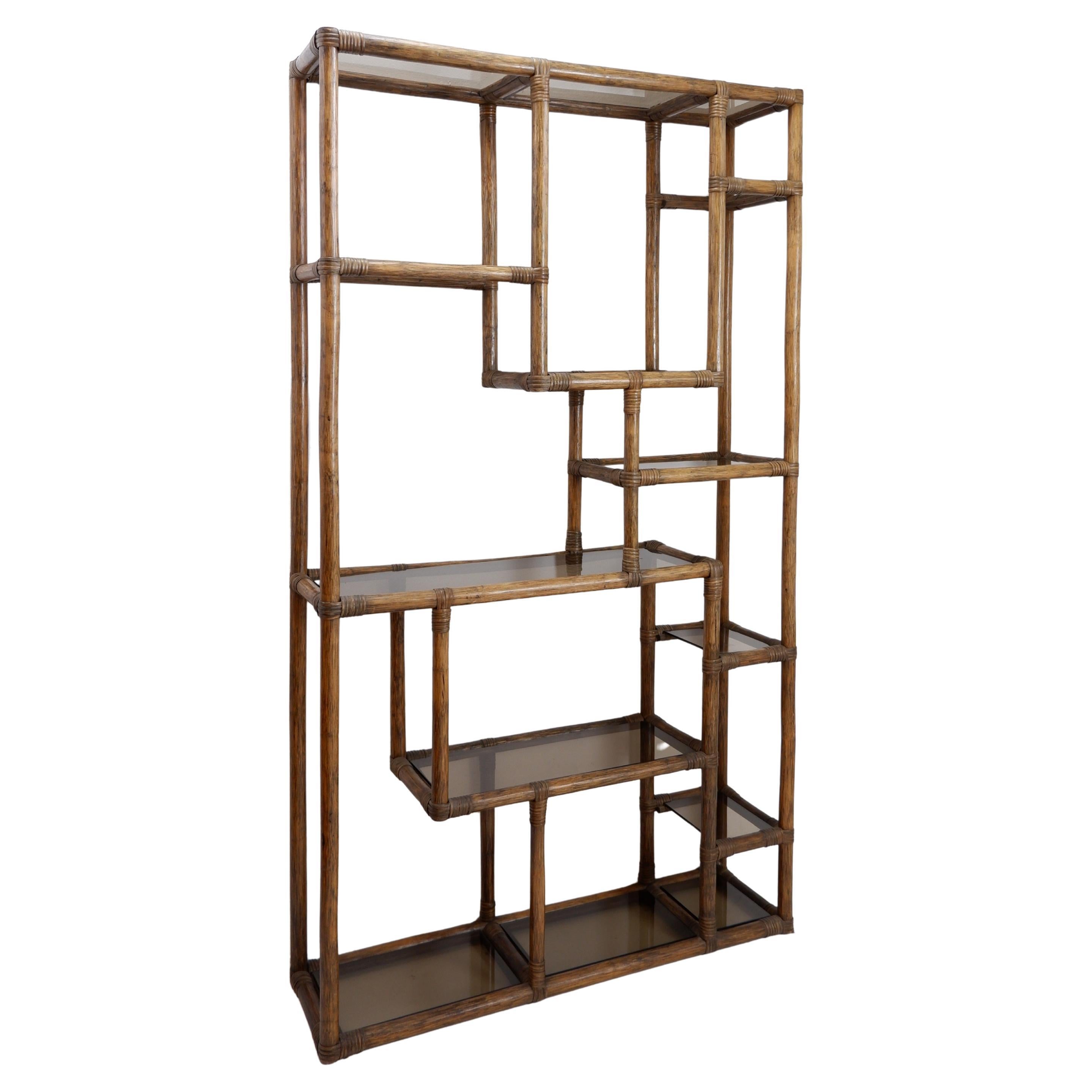 Asymmetrical bamboo and smoked glass shelf - 1970s For Sale
